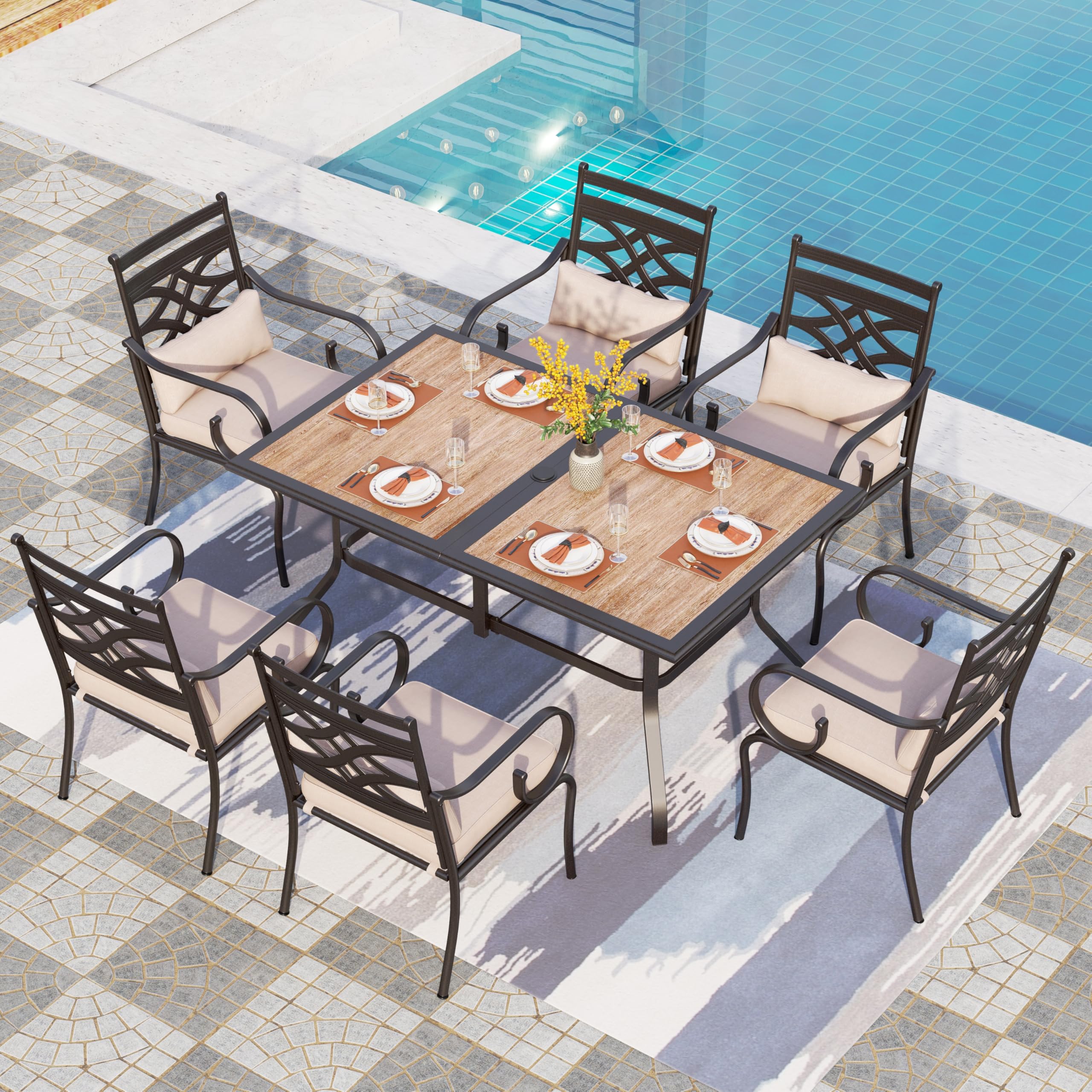 PHI VILLA 7-Piece Outdoor Dining Set for 6 - 37x60 Inch Rectangle Patio Table with Umbrella Hole & 6 Metal Chairs - Durable Garden Furniture for Backyard, Deck, Poolside & Outdoor Entertaining