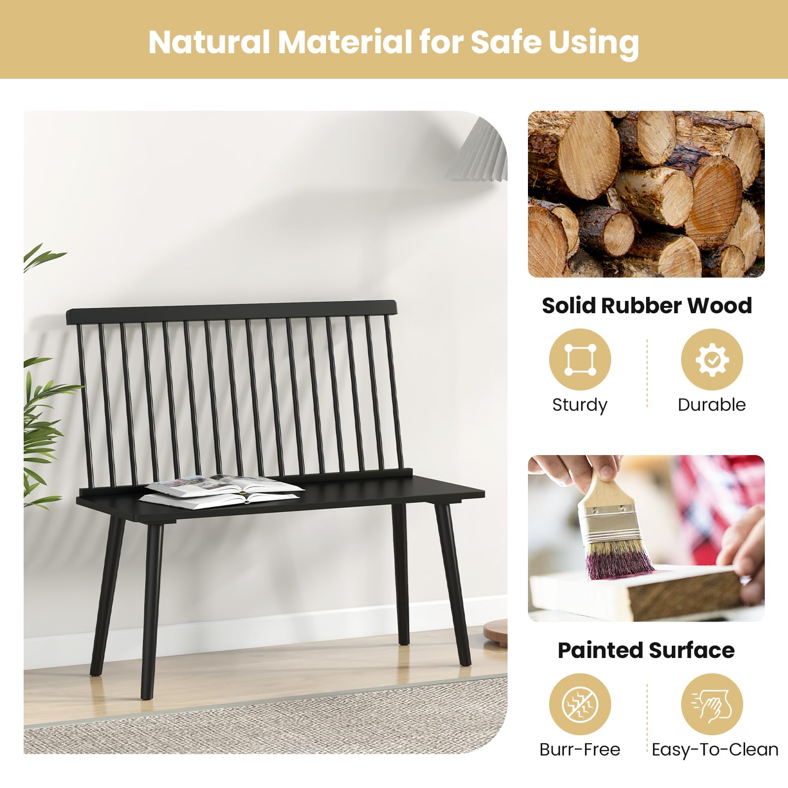 Giantex Black Windsor Dining Bench with Spindle Back & Anti-Slip Foot Pads - Farmhouse Style Rubber Wood Entryway Bench for Living Room, Dining Room, Hallway - Perfect for Farmhouse Decor, Small Space Seating & Cozy Home Entryways