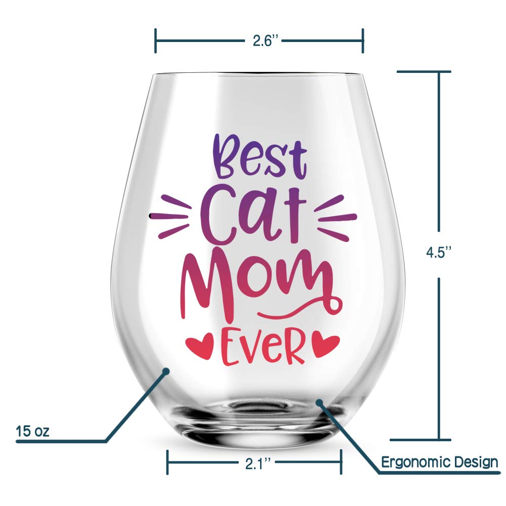 Funny Cat Mom Stemless Wine Glass - Best Cat Lover Gift for Women, Cat Dad, Veterinarian & Vet Tech - Perfect Birthday & Valentine's Present for Animal Rescue Enthusiasts - Great for Wine Nights & Cat-Themed Parties