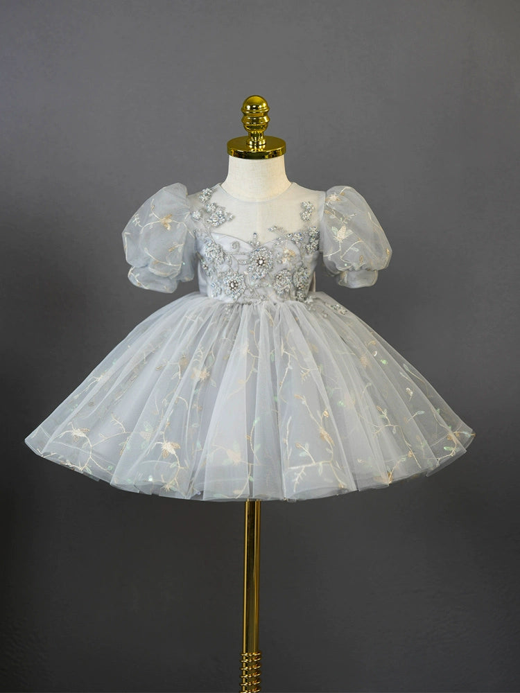 Grey Princess Round Tea Length Tulle Flower Girl Dress for Weddings & Special Occasions