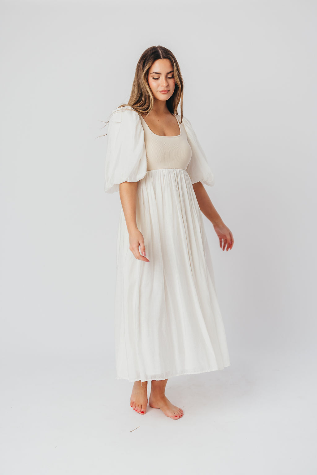 Raina Women's Maternity Midi Dress with Puff Sleeves - Bump Friendly Flowy Dress in Natural for Pregnancy, Nursing & Special Occasions