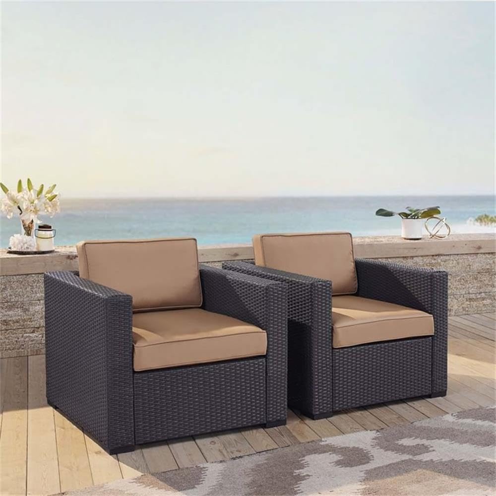 Pemberly Row Brown & Mocha Wicker Patio Arm Chairs (Set of 2) - Outdoor Furniture for Garden, Poolside & Backyard Relaxation