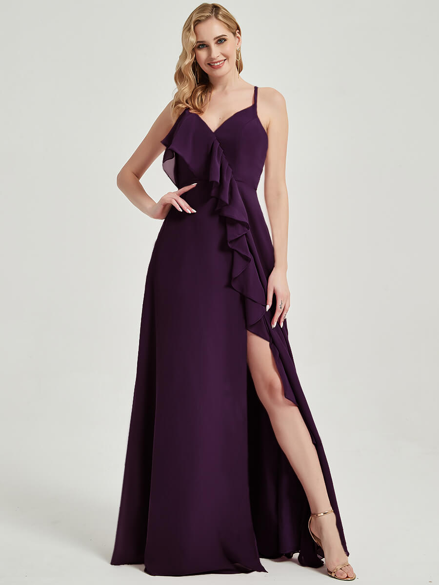 Elegant Criss Cross Straps Ruffles Slit Chiffon Maxi Bridesmaid Dress in Plum - Perfect for Weddings, Formal Events & Evening Parties