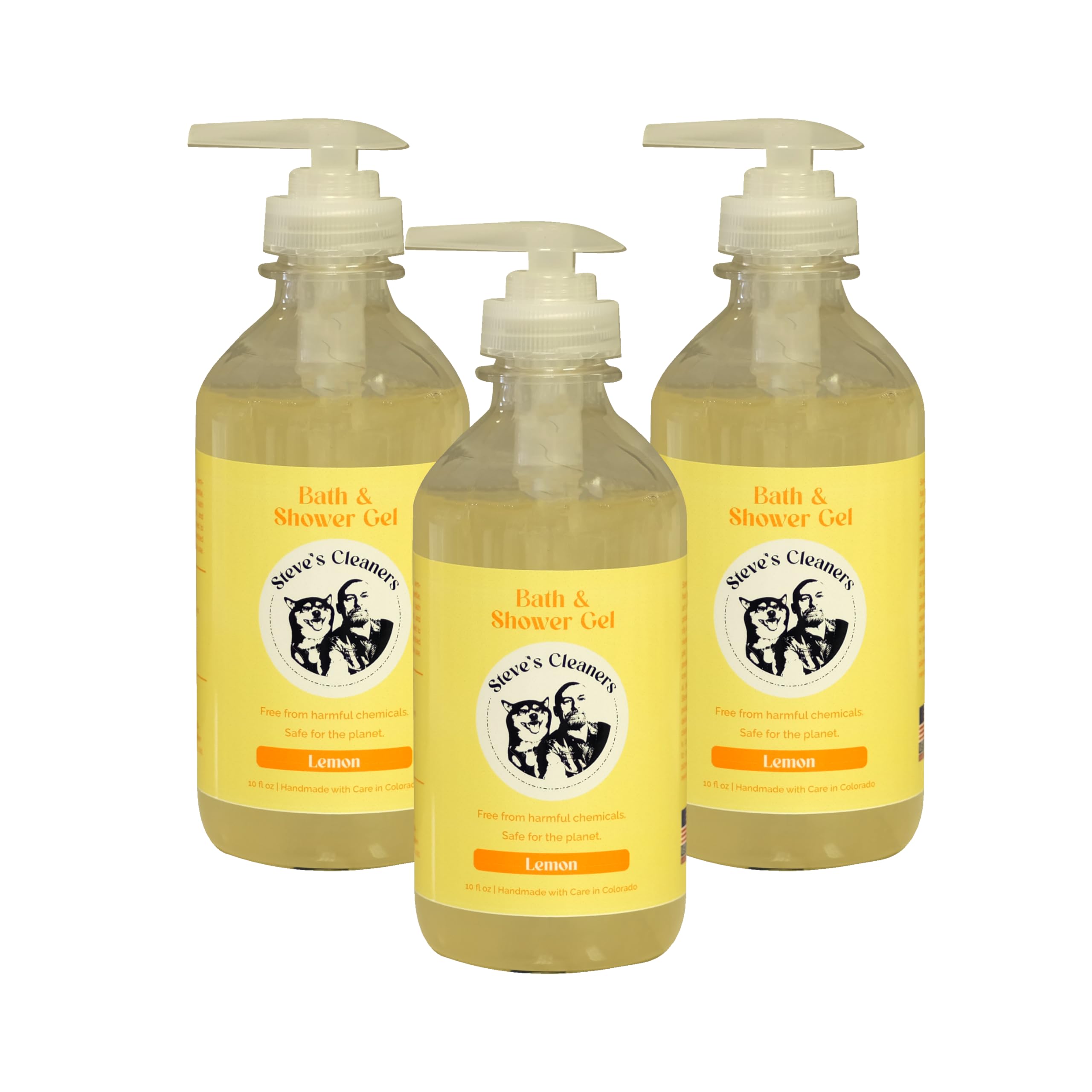 Steve's Cleaners Lemon Bath & Shower Gel - SLS-Free, Plant-Based Body Wash for Sensitive Skin - Non-Toxic, Paraben-Free, Moisturizing & Refreshing Citrus Scent - 10 oz (Pack of 3) - Perfect for Daily Shower, Spa Day & Gentle Skin Care Routine