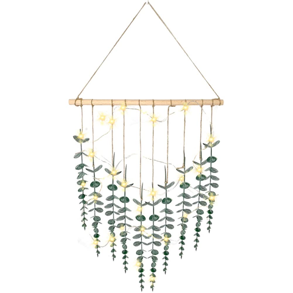 Artificial Eucalyptus Wall Hanging Decor with LED Lights - Fake Eucalyptus Vines with Wooden Stick - Boho Bedroom Wall Decor for Home, Wedding, Nursery & Office