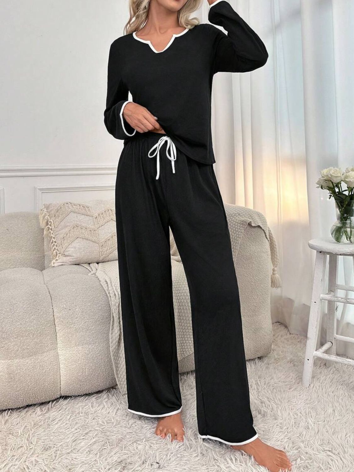 Contrast Trim Notched Long Sleeve Top & Pants Lounge Set - Women's Casual Outfit for Home, Yoga, and Relaxation