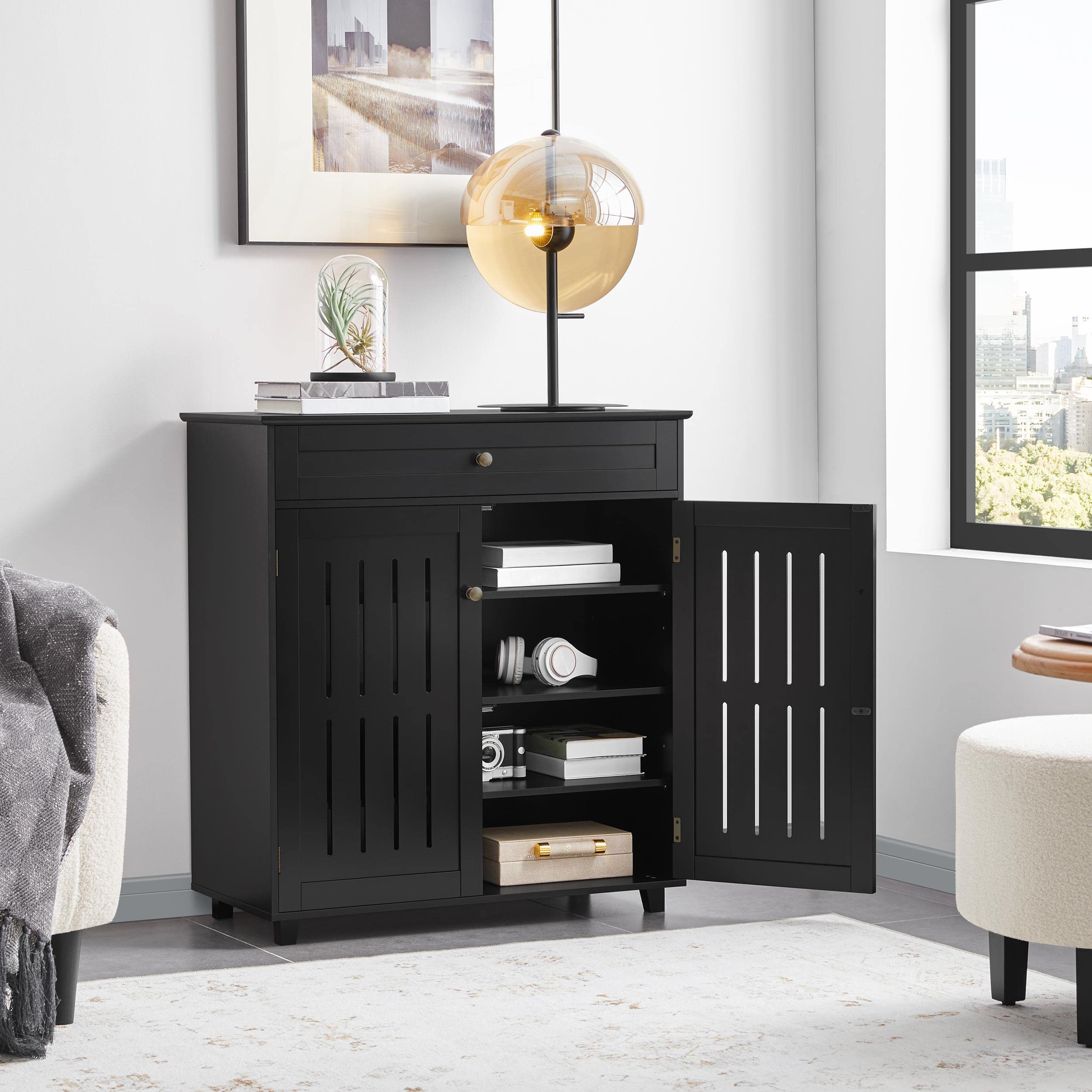 Yaheetech 4-Tier Wooden Shoe Storage Cabinet with Drawer & Adjustable Shelves - Shoe Rack Organizer with Louvered Doors for Entryway, Hallway, Bedroom - Perfect for Small Space Organization & Home Decor (Black)