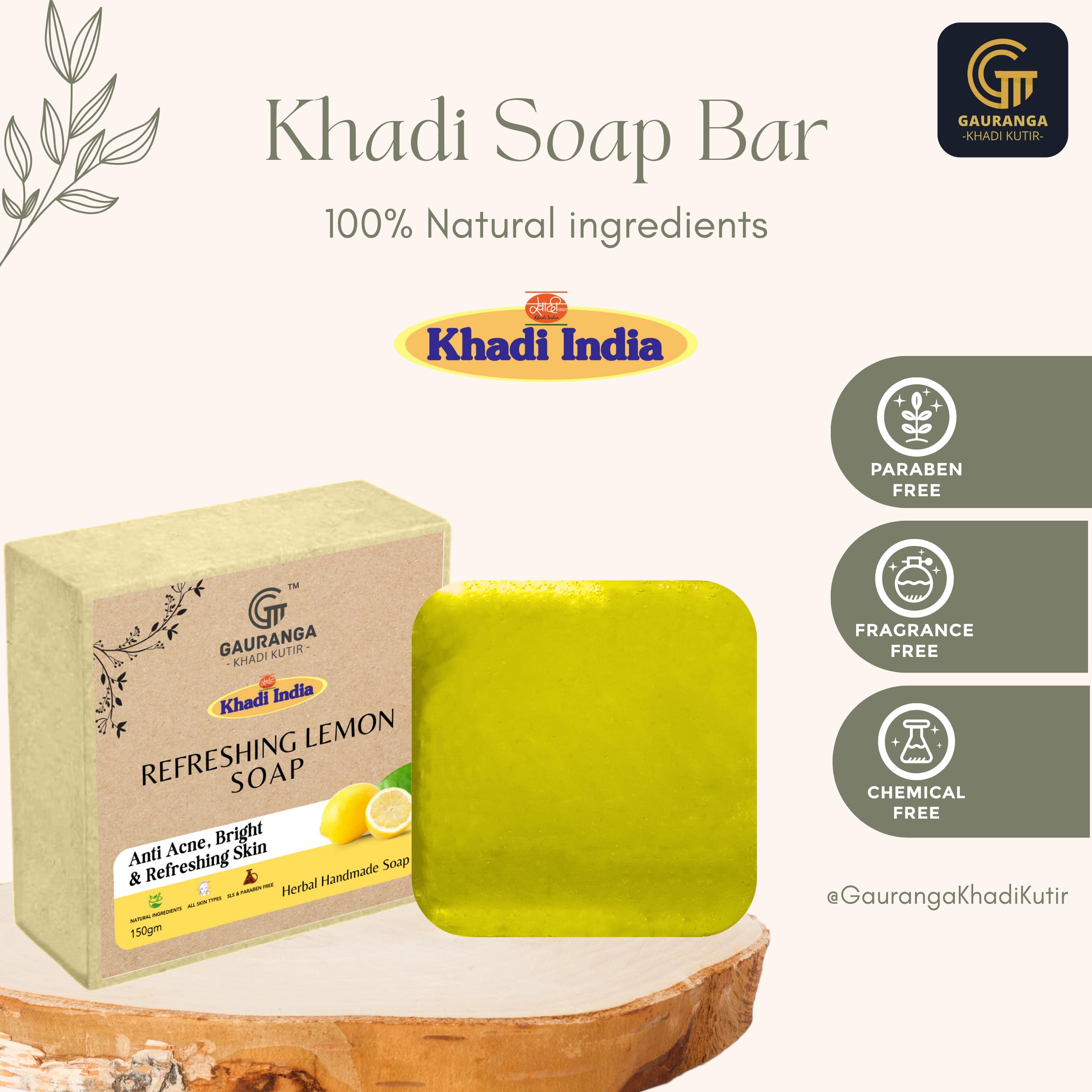 Khadi Lemon Handmade Premium Soap 150g - All Natural, Fresh Citrus Scent for All Skin Types | Moisturizing Bath & Shower Soap for Daily Skincare Routine