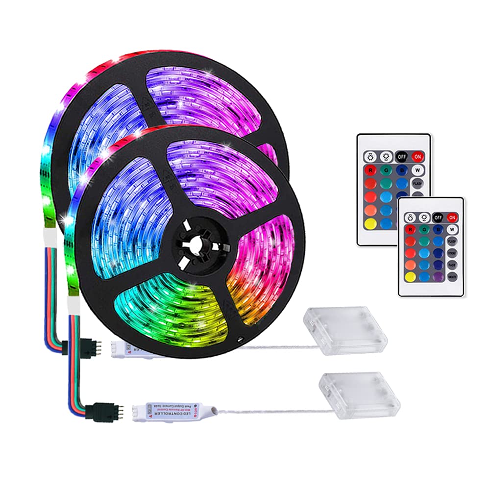 2 Pack LED Strip Lights with 24-Key Remote Control - 2m Battery Powered RGB Color Changing Light Strips for Party, Home, Bedroom, DIY Decoration - Perfect for Christmas, Halloween & Birthday Celebrations