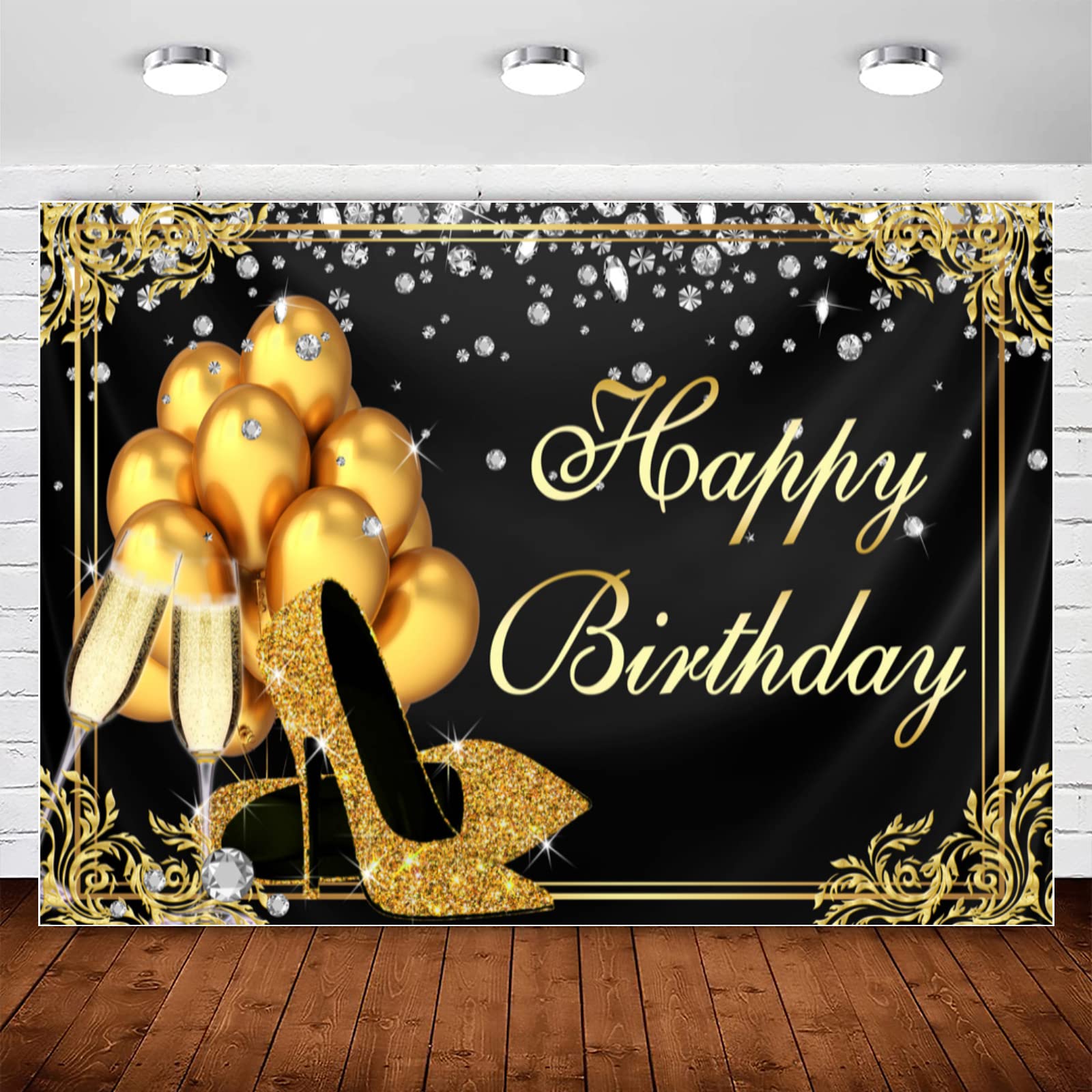 Black and Gold Happy Birthday Backdrop with Shining Diamond Design - 7x5ft Photography Background for Adult Women & Girls Birthday Party, Photo Booth, Golden Heels & Champagne Theme Decoration - Perfect for Birthday Celebrations, Bridal Showers & Social Media Photos