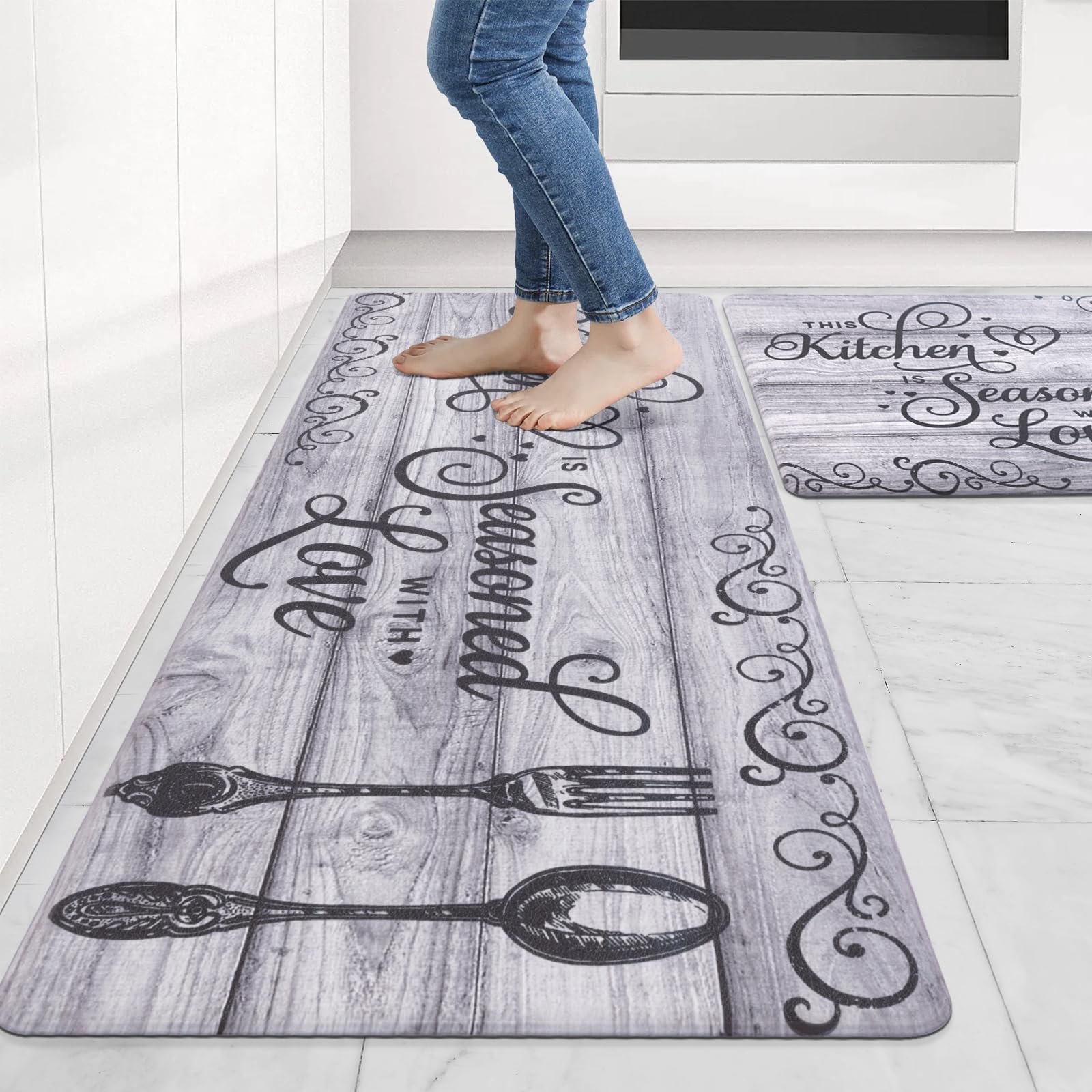 **Carvapet Anti-Fatigue Kitchen Floor Mats Set of 2 - Non-Slip Farmhouse Spoon & Fork Design Cushioned Rugs for Kitchen, Sink, Laundry Room, Doorway (17
