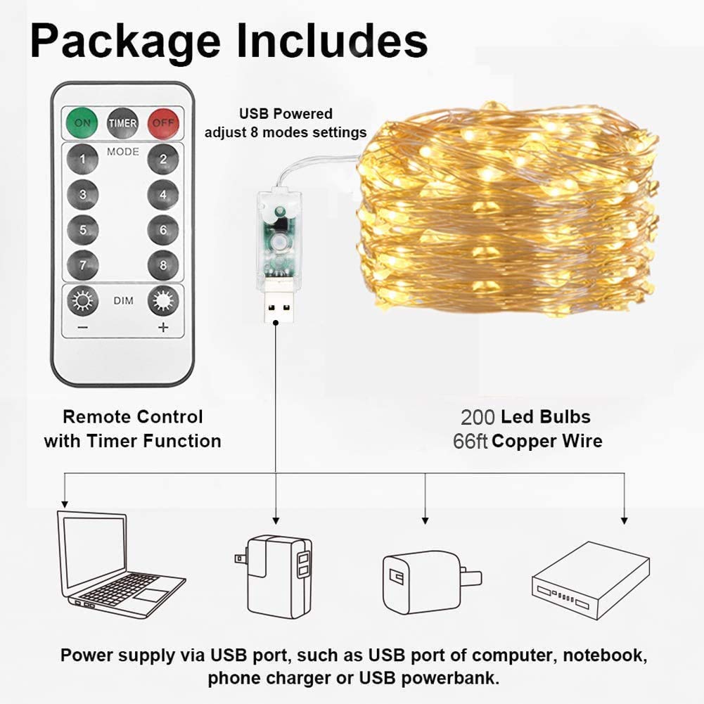 200 LED USB Powered String Fairy Lights - 66ft Waterproof Twinkle Lights with 8 Lighting Modes for Indoor & Outdoor Decor | Perfect for Bedroom, Wedding, Party, Patio, Lawn, Garden, and Home Decoration