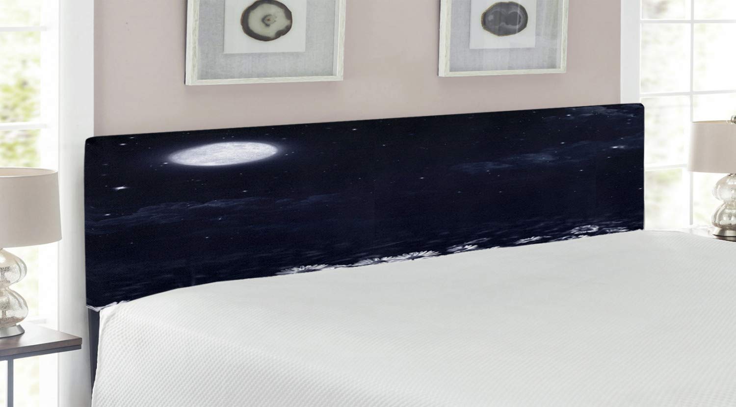 Ambesonne King Size Upholstered Headboard with Memory Foam - Dark Blue & White Daisy Fantasy Landscape Design for Bedroom Decor | Perfect for Master Bedroom, Guest Room & Home Staging