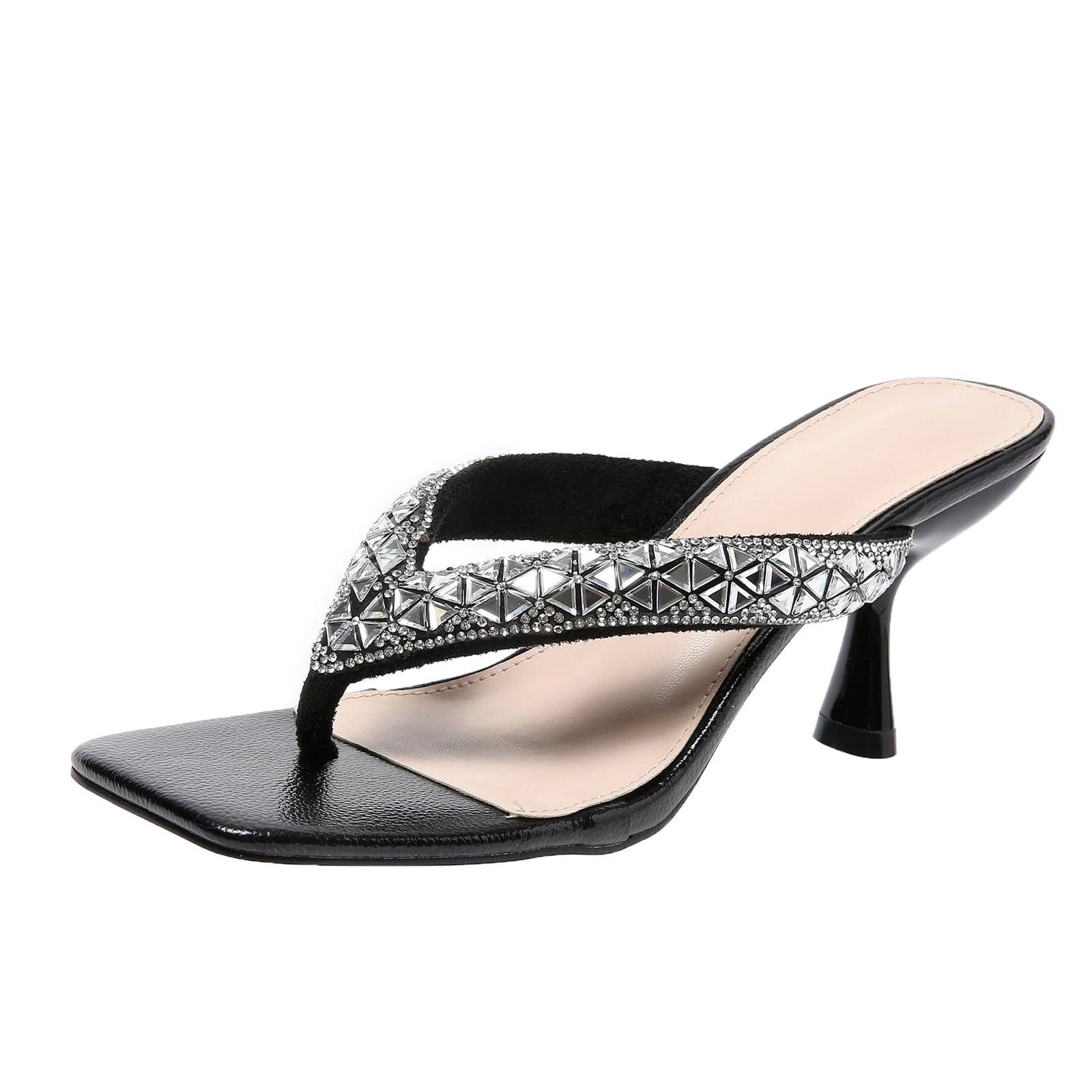 ZBYY Women's Square Toe Two Strap High Heel Sandals - T-Strap Flip Flops & Slip-On Dress Heels for Summer Weddings, Parties & Beach Vacations
