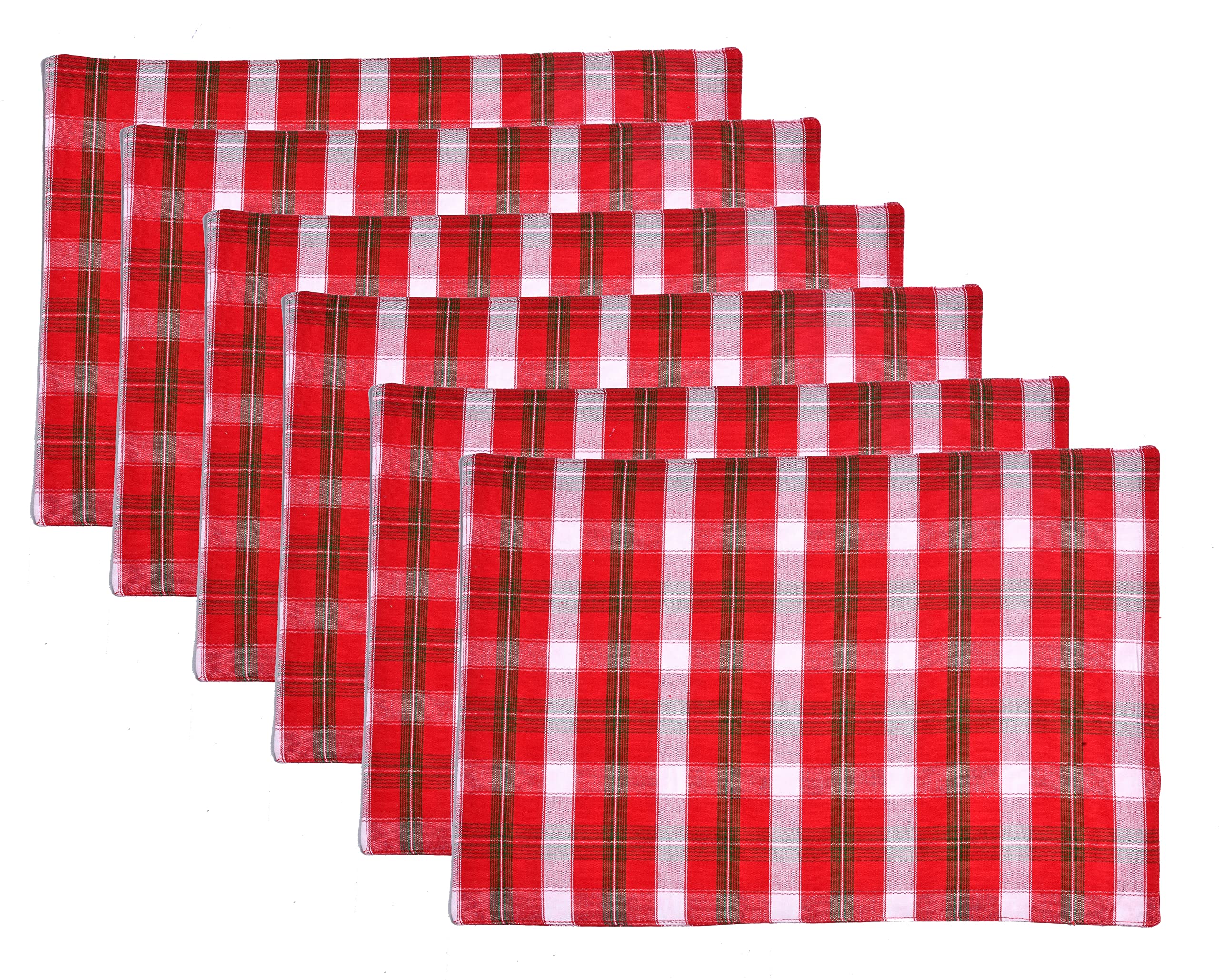 Urban Villa Christmas Placemats - Set of 6 Red Green White Tartan Check Cotton Placemats (14x20 Inch) | Oversized Holiday Dining Mats for Festive Tablescapes, Christmas Dinner & Winter Home Decor