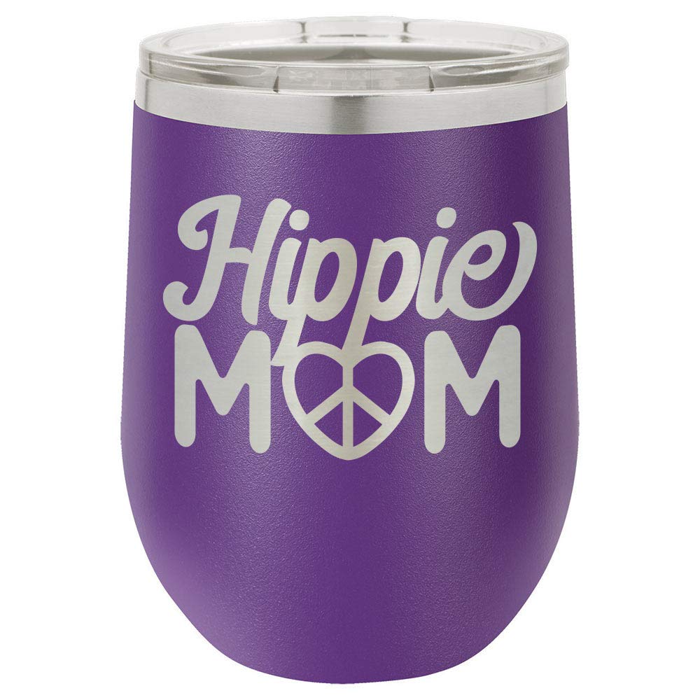 12 oz Insulated Purple Wine Tumbler with Lid - Laser Engraved Hippie Mom Design & Funny Quotes | Perfect Mother's Day Gift for Women | Great for Coffee, Tea & Cocktails | OnlyGifts.com