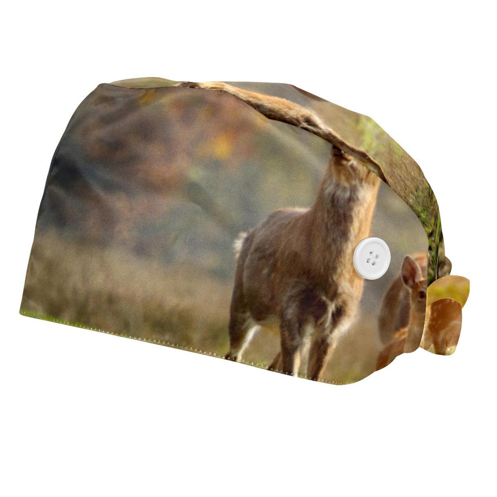 Women's Scrub Caps with Buttons - Long Hair & Ponytail Surgical Hats - 2Pcs Deer Meadow Animal Print - Perfect for Nurses, Doctors & Healthcare Workers