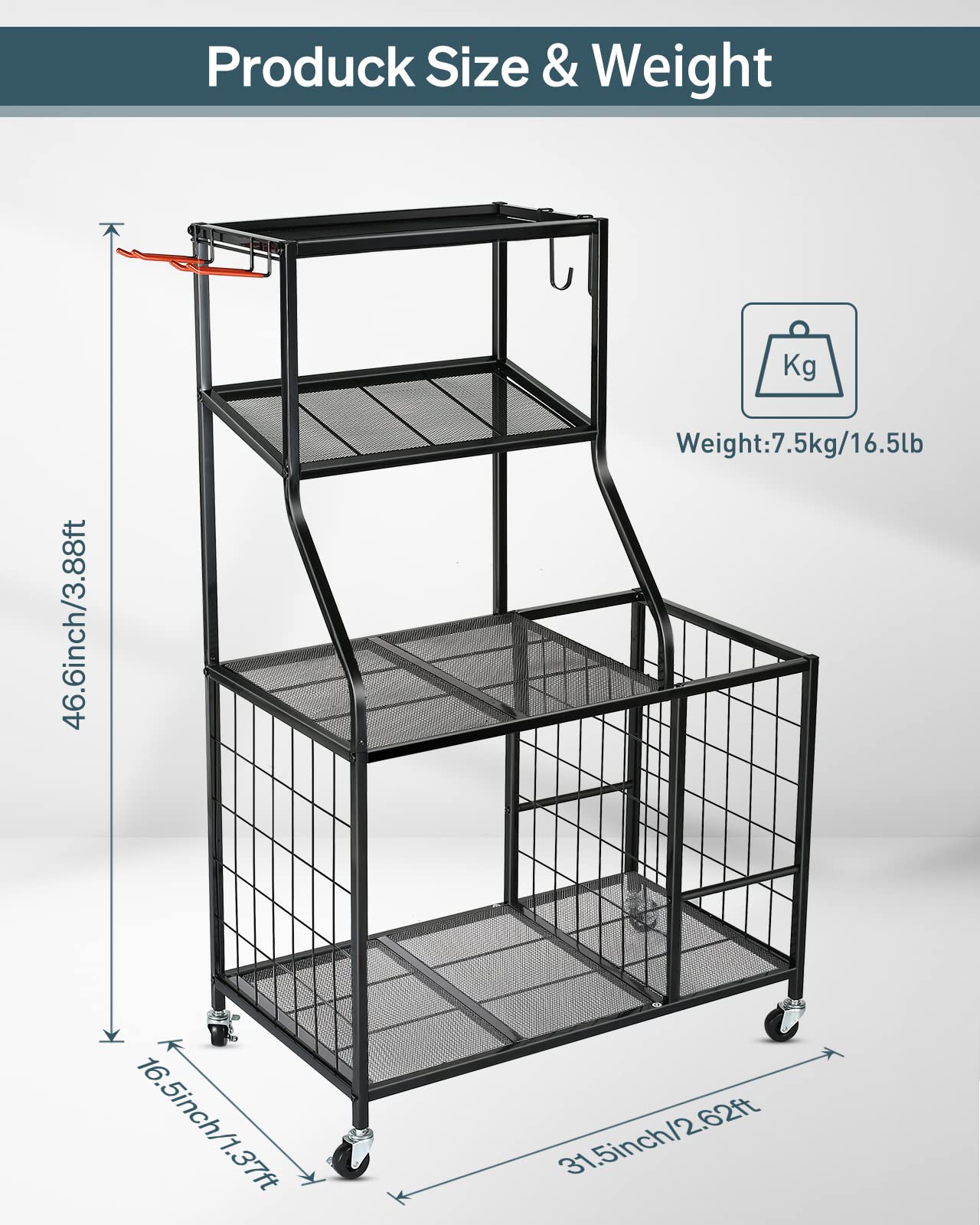 Dumbbell Rack with Wheels & Hooks - Heavy Duty Gym Storage Stand for Weight Plates, Home Workout Equipment Organizer | Perfect for Yoga Mat Storage, Strength Training Gear & Compact Home Gym Setup
