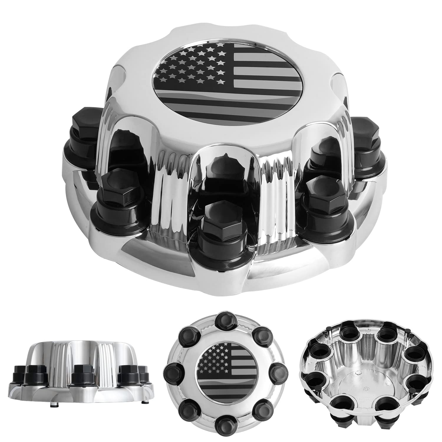 Chevy Chevrolet & GMC 8 Lug Wheel Center Hub Caps - Replacement for OE #15039488 15039489 9597169 9597170 - Set of 4 American Flag Style Hubcaps for Off-Road & Truck Enthusiasts - Perfect for Customizing Pickup Trucks, SUVs & Off-Road Vehicles