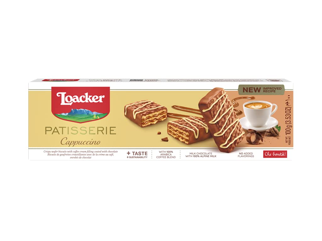 Loacker Pasticceria Milk Chocolate Covered Cappuccino Cream Wafer Cookies - 100g Pack (3.5oz) | Italian Gourmet Snacks for Coffee Break, Office Treats & Gift Baskets