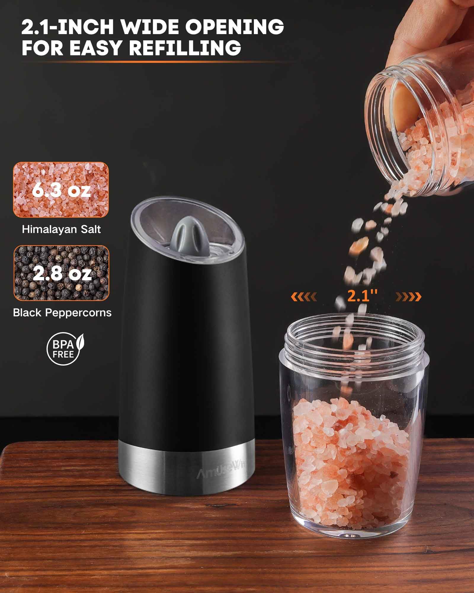 AmuseWit 2-Pack Electric Gravity Salt and Pepper Grinder Set - Battery Operated, Adjustable Coarseness, One-Hand Operation with LED Light (Black) - Perfect for Kitchen, Dining Table, Camping & Gifts