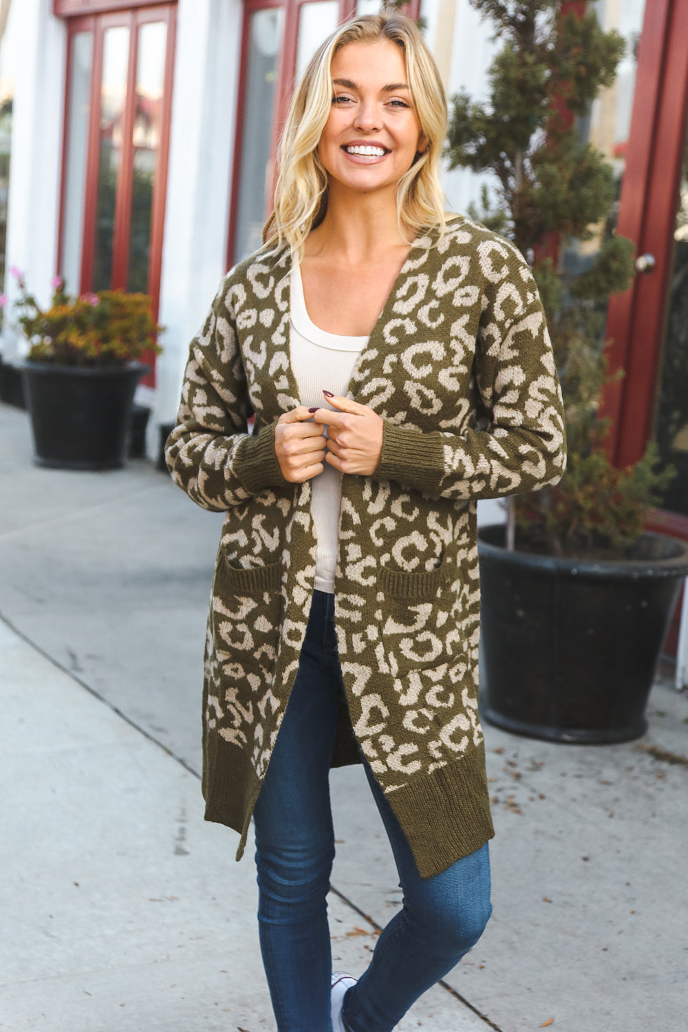 Boldly You Olive Fury Knit Animal Print Ribbed Open Cardigan Sweater for Women | Cozy Fall & Winter Fashion | Perfect for Casual Outings, Date Nights and Layering