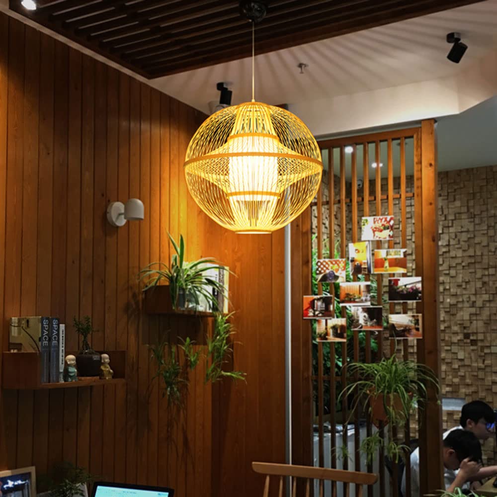 1Pc Handwoven Round Bamboo Wicker Pendant Lamp - 1 Light Industrial Ceiling Light Fixture for Bedroom, Kitchen, Restaurant & Coffee Bar - Perfect for Boho, Farmhouse & Coastal Decor Styles