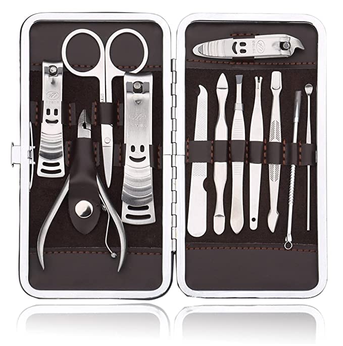 12 in 1 Professional Manicure Pedicure Kit - Stainless Steel Nail Clippers, Scissors & 12 Essential Grooming Tools with Leather Case - Perfect for Home, Salon & Travel Nail Care