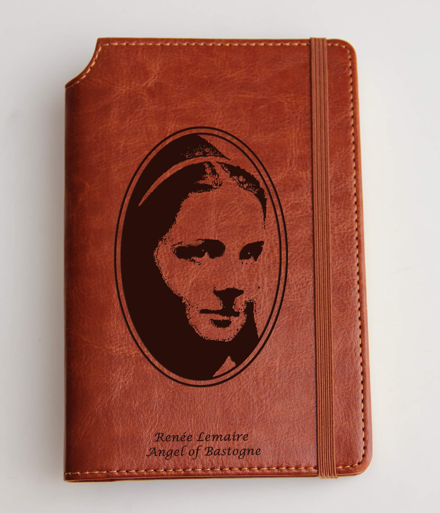 Renée Lemaire Angel of Bastogne Custom Engraved Leather Journal - Personalized Notebook with Matching Color Closure Strip - Perfect for Writing, Sketching & Gift Giving
