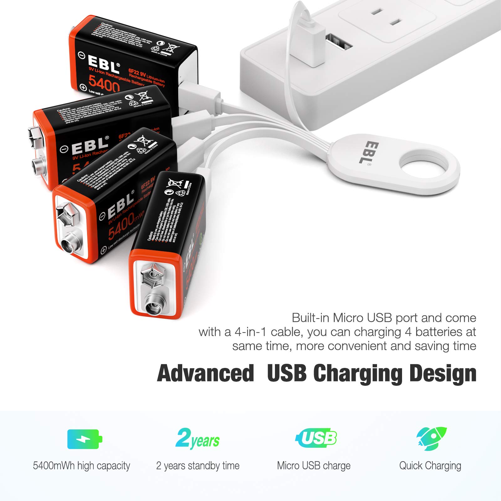 EBL USB Rechargeable 9V Lithium Ion Batteries (4 Pack) - 5400mWh High Capacity Long Lasting 9 Volt Batteries with Micro USB Charging Cable - Perfect for Guitar Pedals, Smoke Detectors, and Electronic Devices
