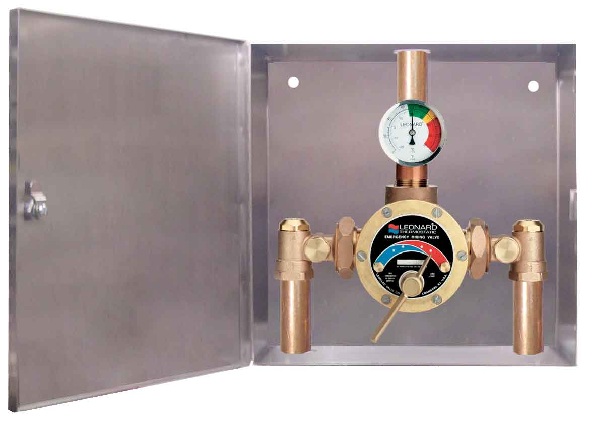 Leonard LF Thermostatic Mixing Valve for Emergency Shower - 40 GPM Flow Rate with Recessed Stainless Steel Cabinet (Model TM 5100 LF RSS) | Ideal for Industrial Safety, Laboratories, and Chemical Plants