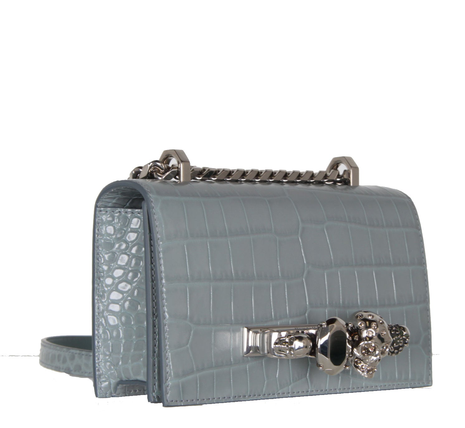 Elegant Mini Croc Knuckle Satchel with Jewel Accents - Blue & Grey Crossbody Bag for Women | Perfect for Evening Parties & Date Nights