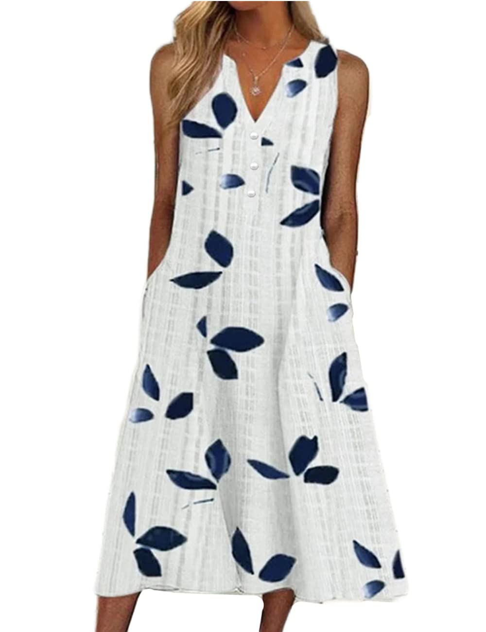 Women's Casual Plaid Sleeveless Midi Dress - Summer V-Neck Button Down Loose Sun Dress with Pockets | Perfect for Beach Outings, Picnics & Summer Vacations