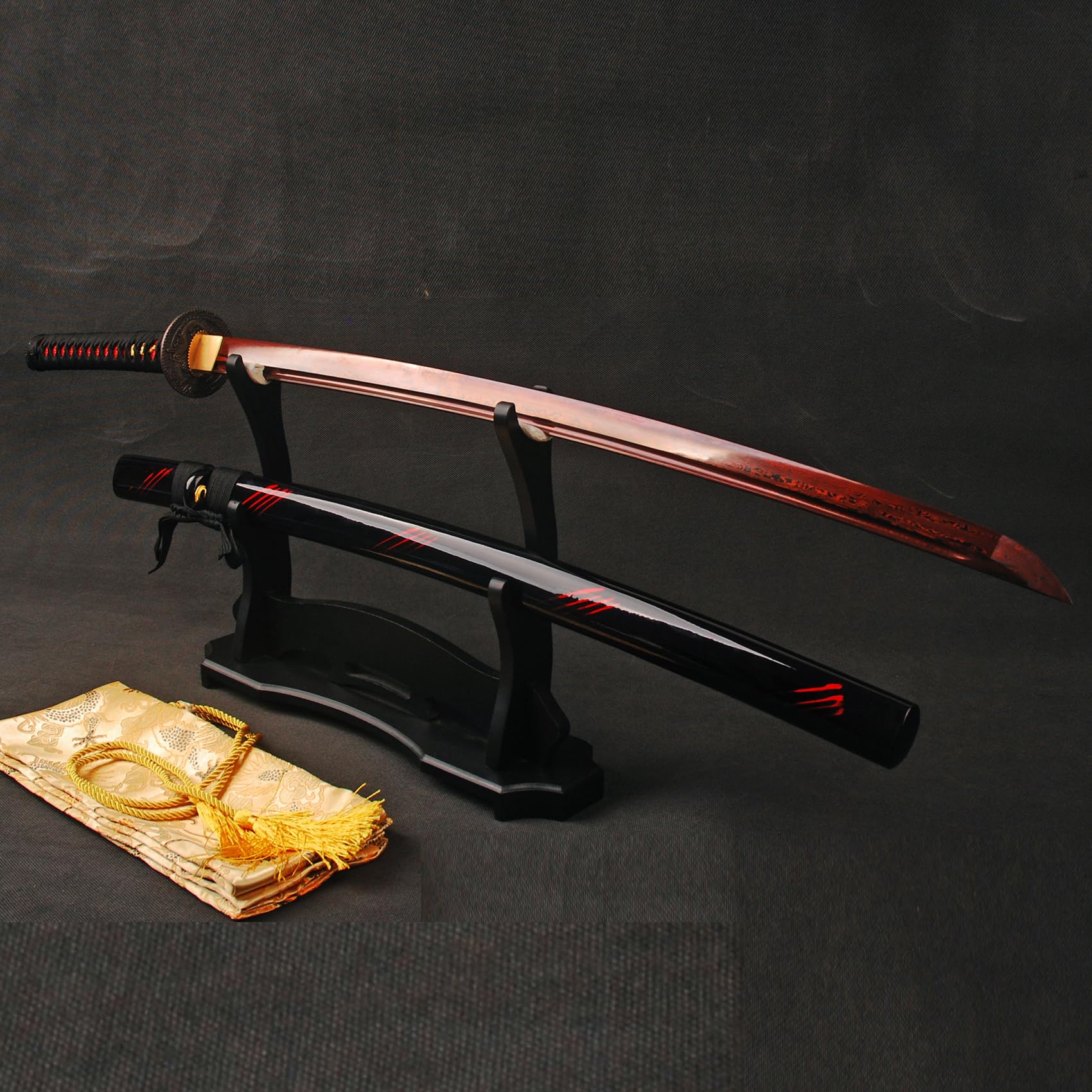 Premium Blood Red Damascus Steel Japanese Samurai Katana Sword with Dragon Tsuba - Handcrafted Folded Steel Blade for Martial Arts Training, Cosplay & Collectors