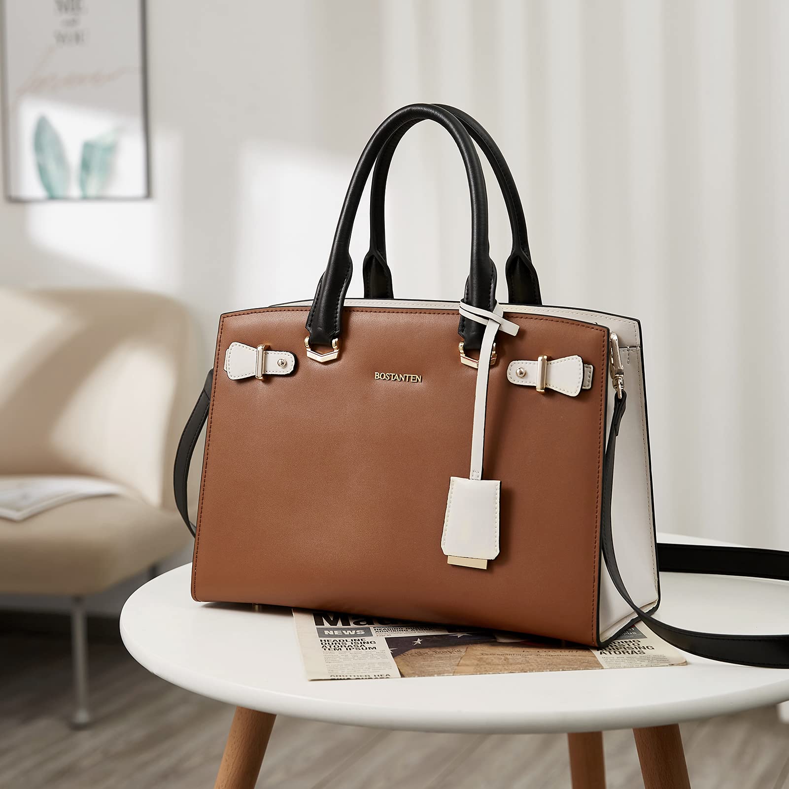 BOSTANTEN Women's Genuine Leather Handbag - Stylish Designer Satchel Purse with Top Handle, Shoulder Strap & Crossbody Option for Work, Travel & Everyday Use