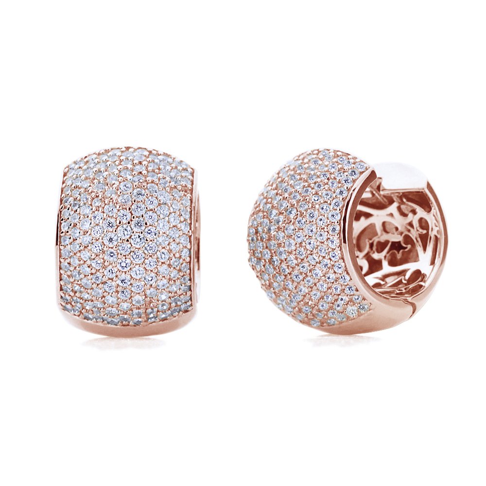 14K Rose Gold Plated Sterling Silver Cubic Zirconia Huggie Hoop Earrings for Women - Round Pave Set Dome Design for Everyday Wear & Special Occasions