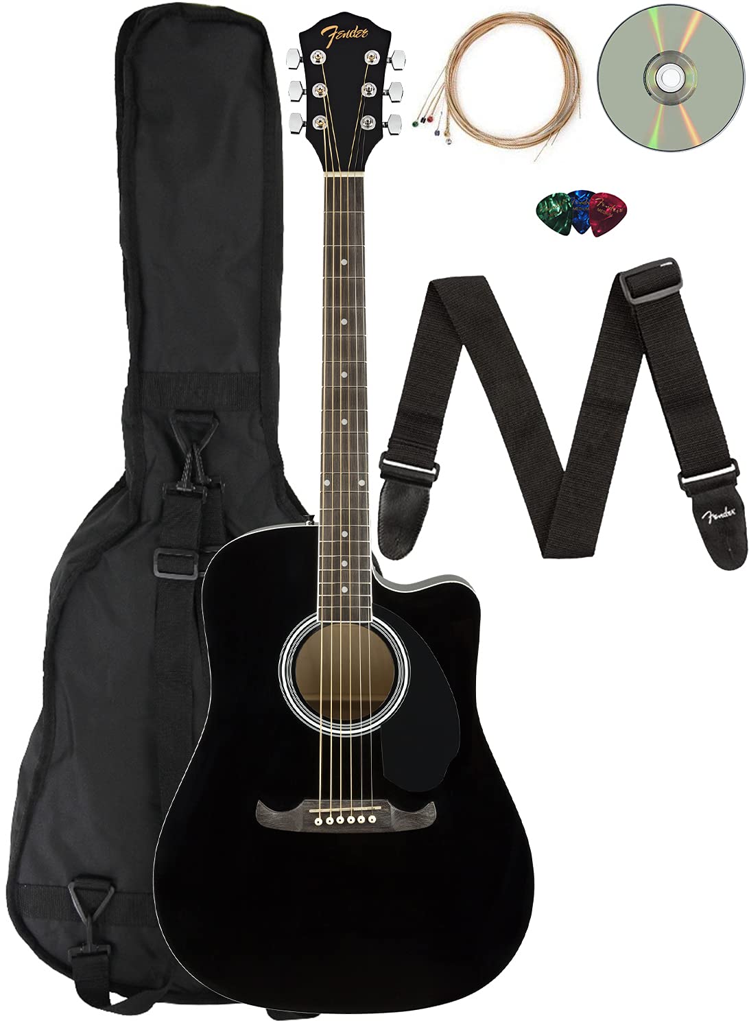 Fender FA-125CE Dreadnought Cutaway Acoustic-Electric Guitar Bundle - Black with Gig Bag, Strap, Strings, Picks & Online Lessons | Perfect for Beginners, Live Performances & Home Practice