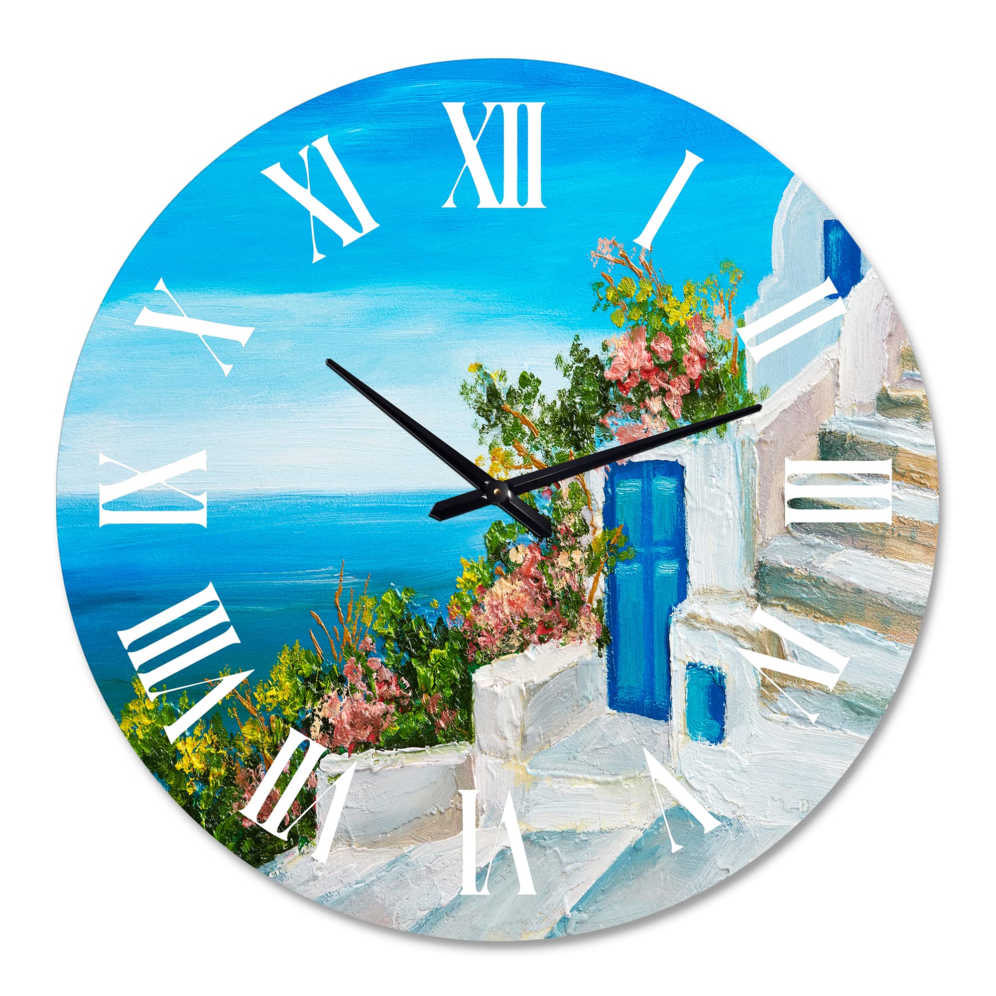 DesignQ Nautical Coastal Wall Clock - Blue Round Clock with House & Flowers Art for Living Room, Bedroom, Office Decor | Perfect for Beach House, Coastal Style Homes & Gift Giving