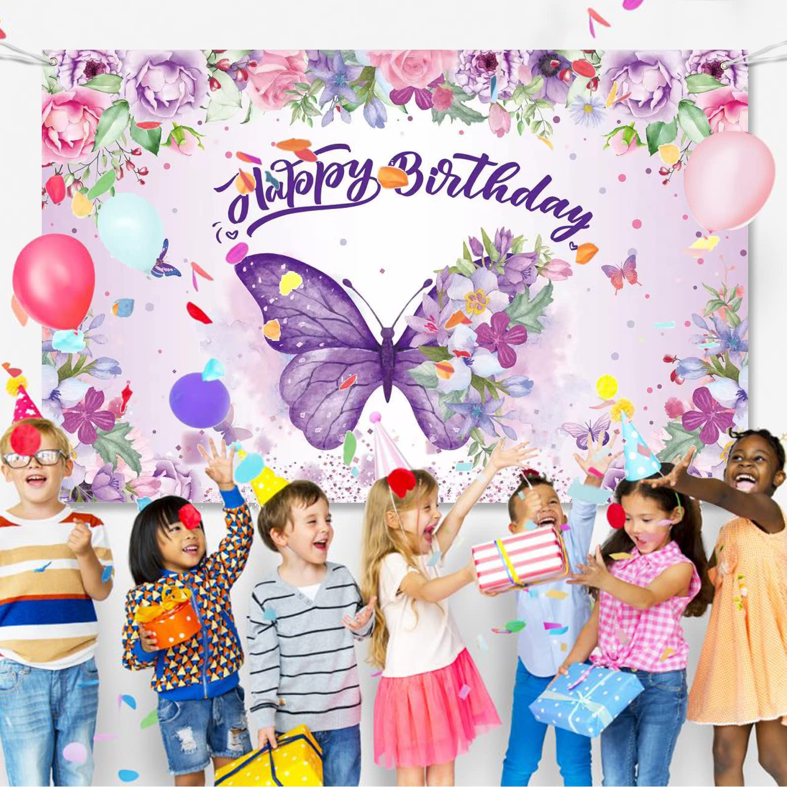 Purple Butterfly Happy Birthday Backdrop & Banner - Elegant Women's Birthday Decor, Baby Shower & Fairy Themed Party Supplies - Perfect for Spring Celebrations, Indoor/Outdoor Decorations