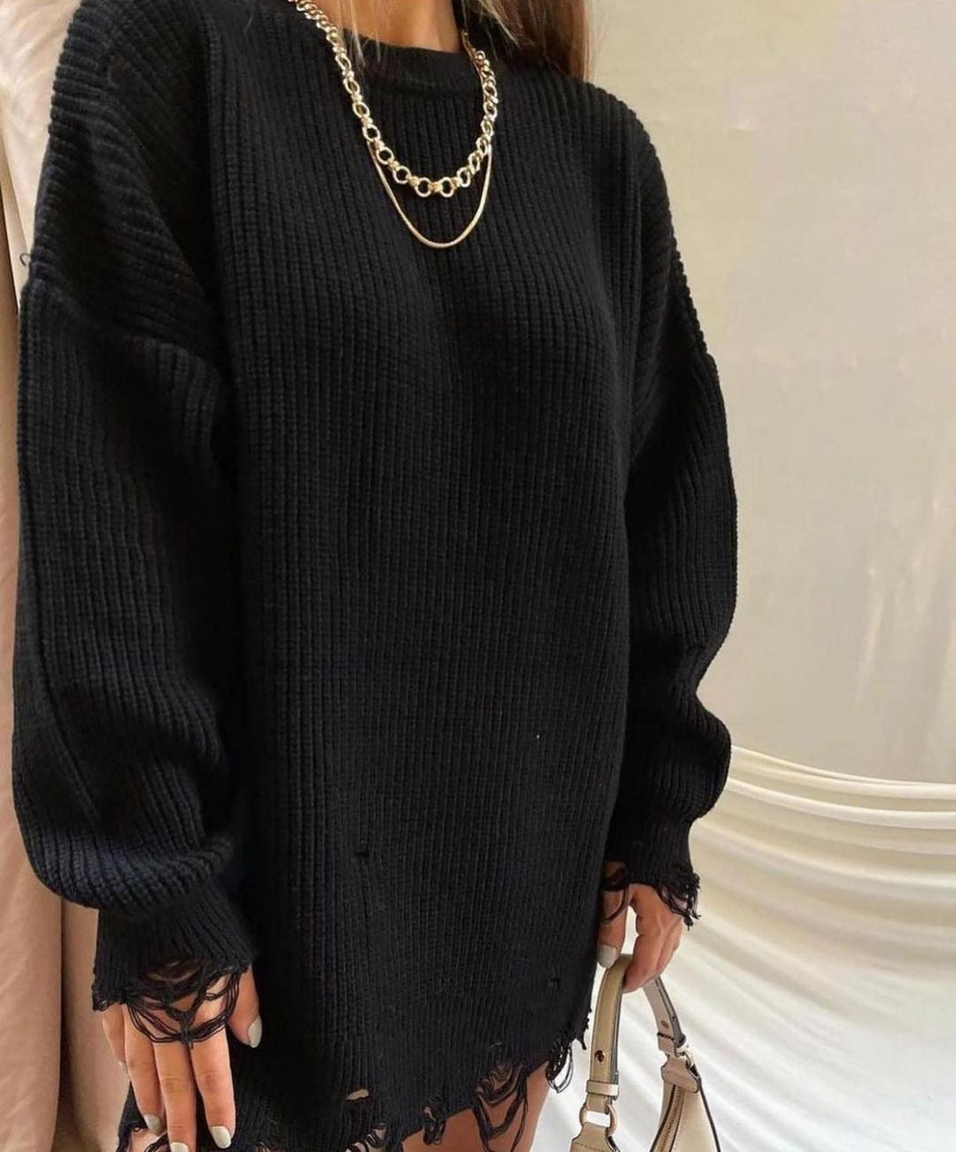 Vintage 1892 Knitted Round Neck Loose Fit Ripped Mid-Length Long Sleeve Sweater for Women | Cozy Fall & Winter Fashion | Perfect for Casual Outings, Coffee Dates and Office Wear