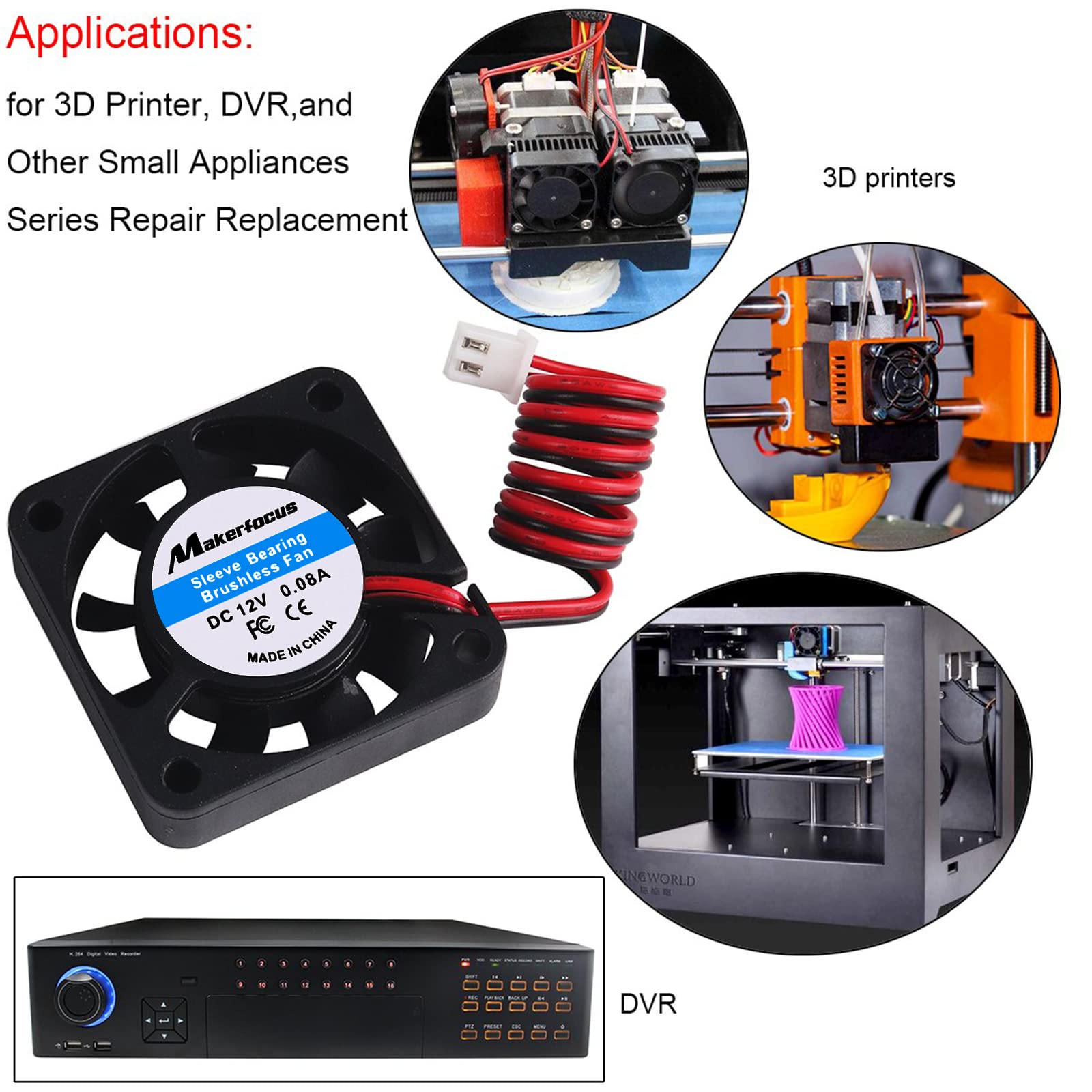 MakerFocus 4-Pack 40mm 12V DC Cooling Fan - Quiet 0.08A Mini Fan (40x40x10mm) with 28cm Cable - Replacement for 3D Printers, DVR, Electronics & Small Appliances - Perfect for Cooling, Ventilation & DIY Projects