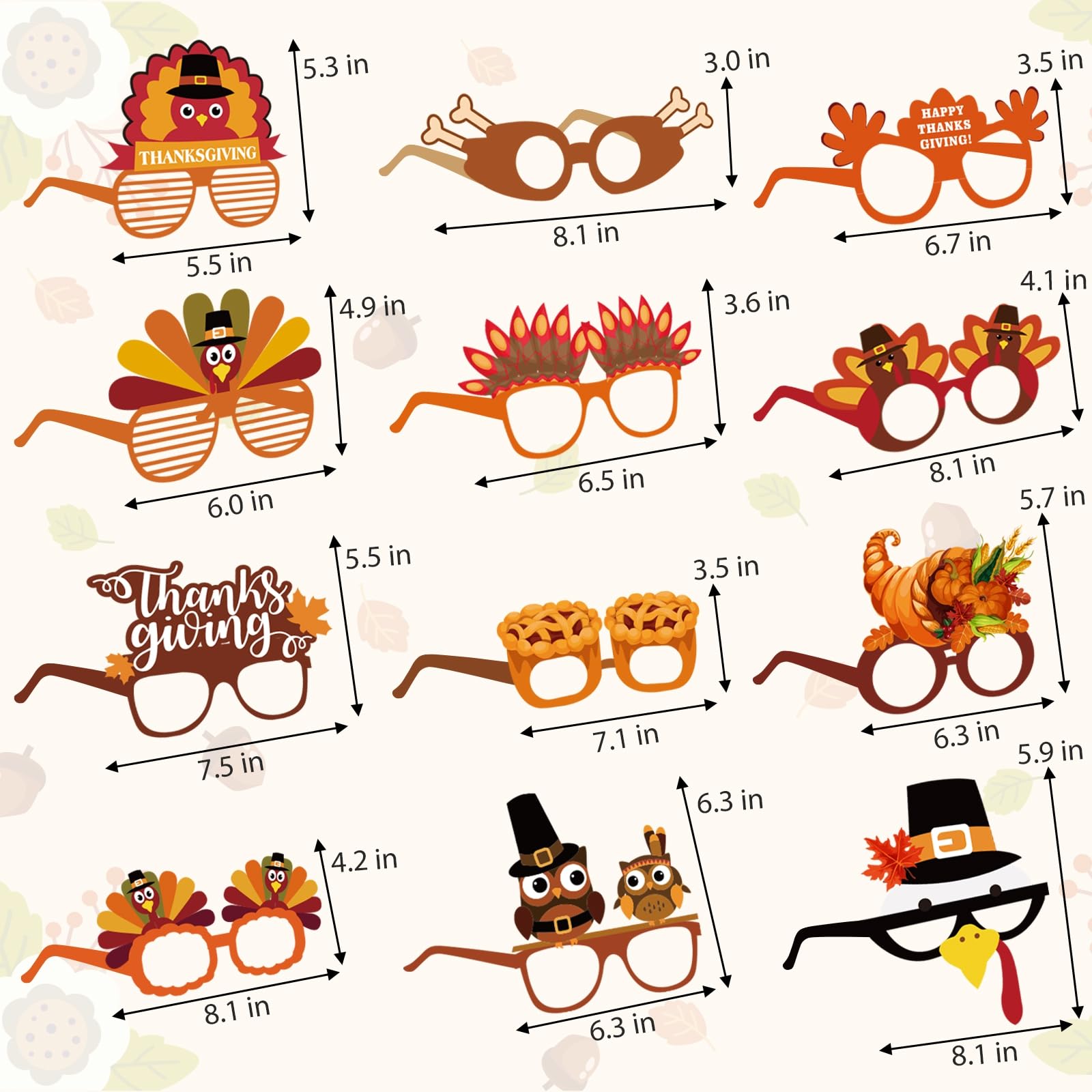 MorTime 24 PCS Thanksgiving Paper Eyeglasses - Turkey Themed Party Glasses for Kids & Adults - Fun Photo Props & Party Favors for Thanksgiving Celebrations, Family Gatherings & Holiday Events