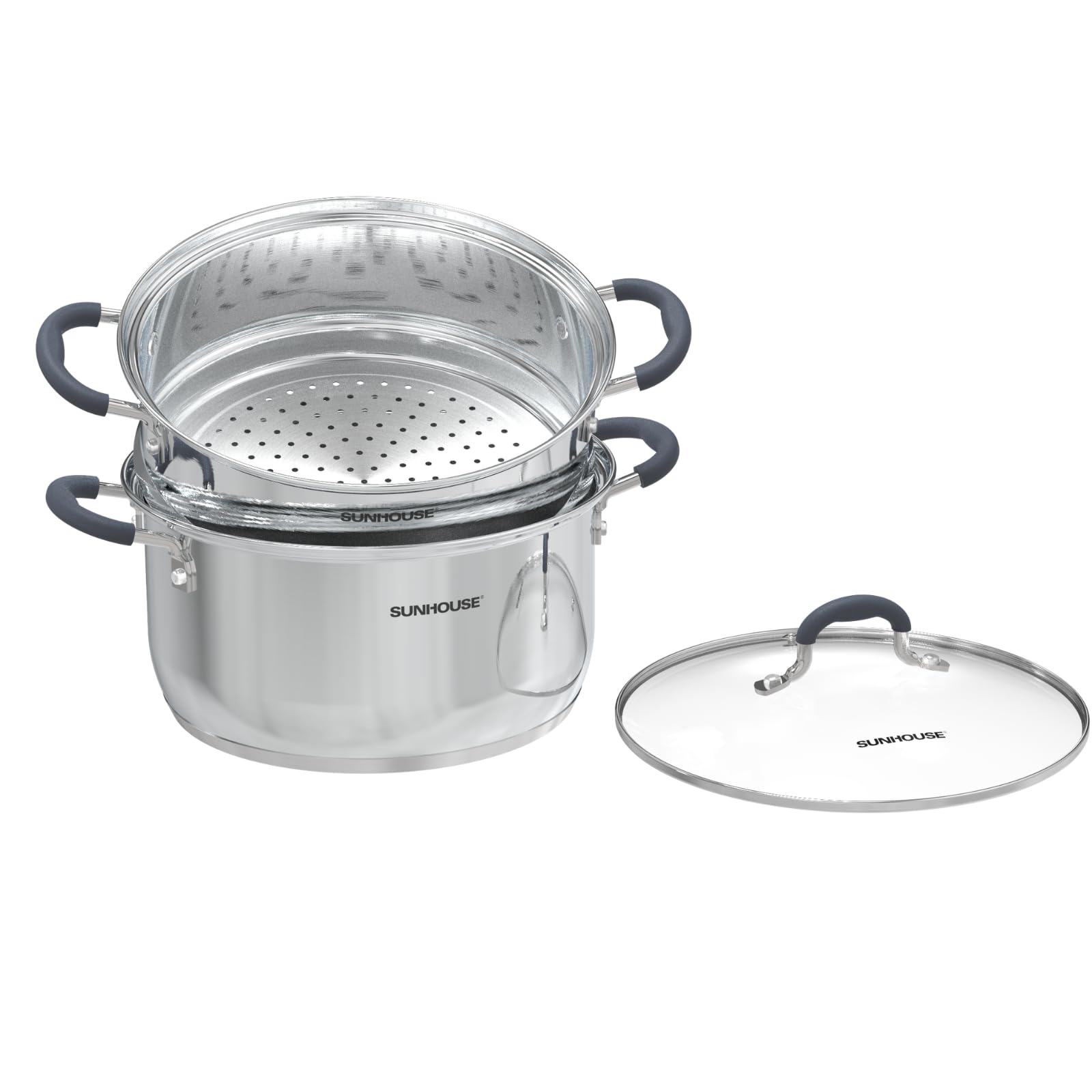 SUNHOUSE 3.3 Quart Stainless Steel Steamer Pot with Lid - 2-Tier Multipurpose Cookware for Vegetables, Dumplings, Sauces & More - Triple Bottom, Measurement Lines - Perfect for Home Cooking, Meal Prep & Healthy Eating