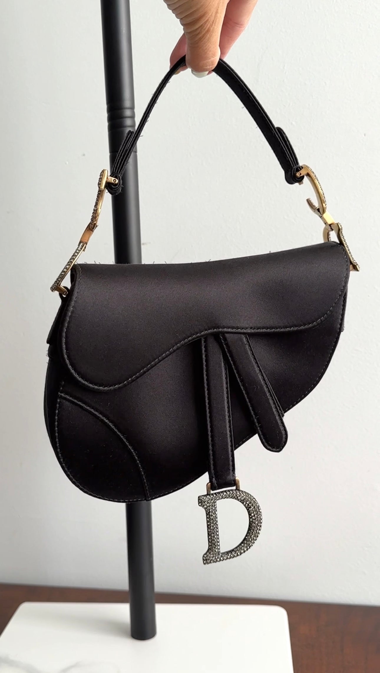 Christian Dior Black Satin Crystal Embellished Mini Saddle Bag - Luxury Crossbody Purse for Women, Perfect for Evening Parties & Special Occasions