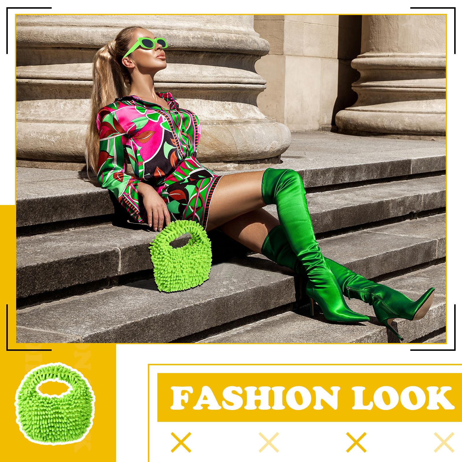 Kanayu 2-Piece Women's Neon Fuzzy Tote Bag & Retro Square Sunglasses Set - Stylish Accessories for Beach, Shopping, and Summer Outfits