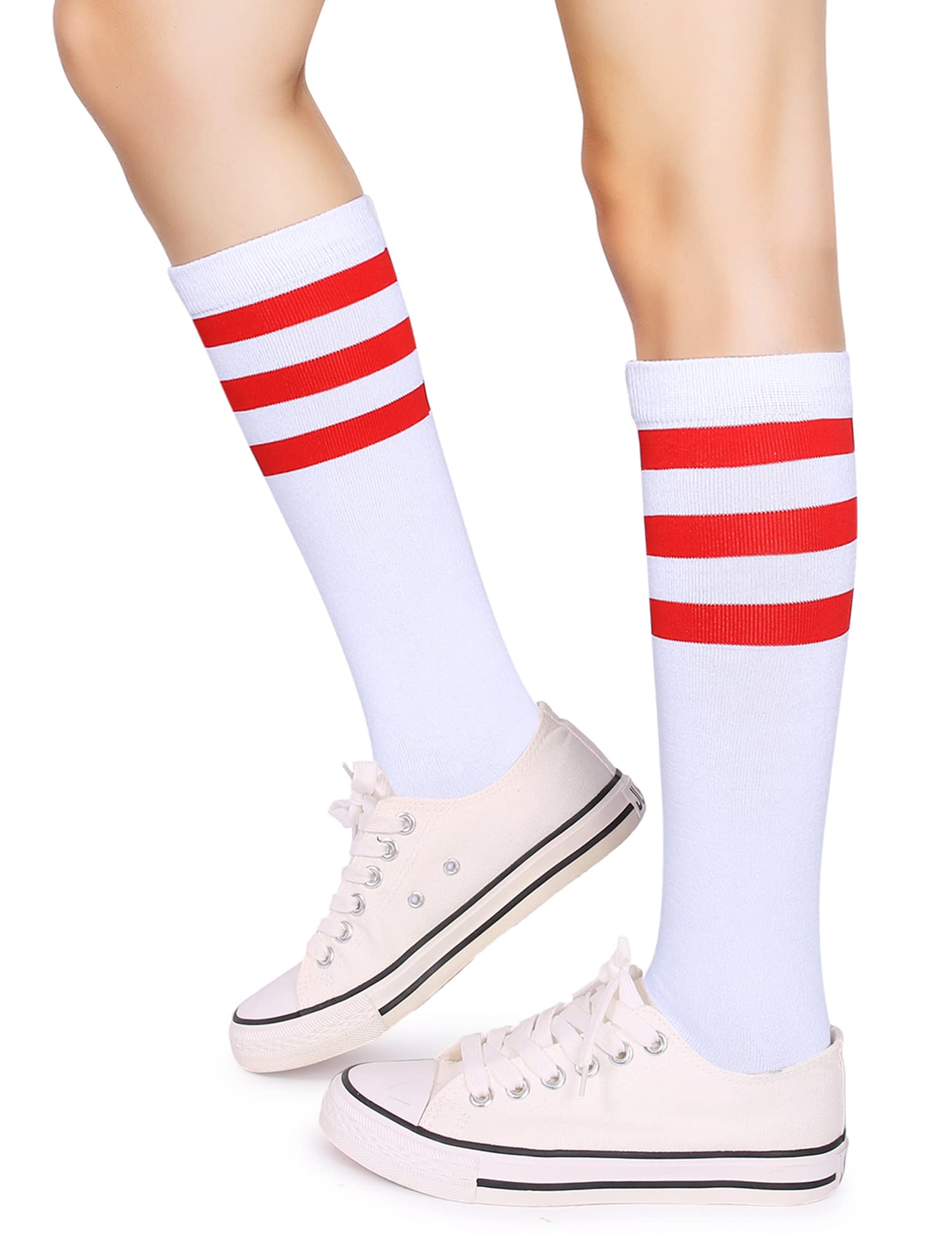 Henwarry Over the Calf Tube Socks - Classic Triple Stripes Cotton Retro Athletic Socks for Men & Women - Perfect for Running, Sports & Casual Wear
