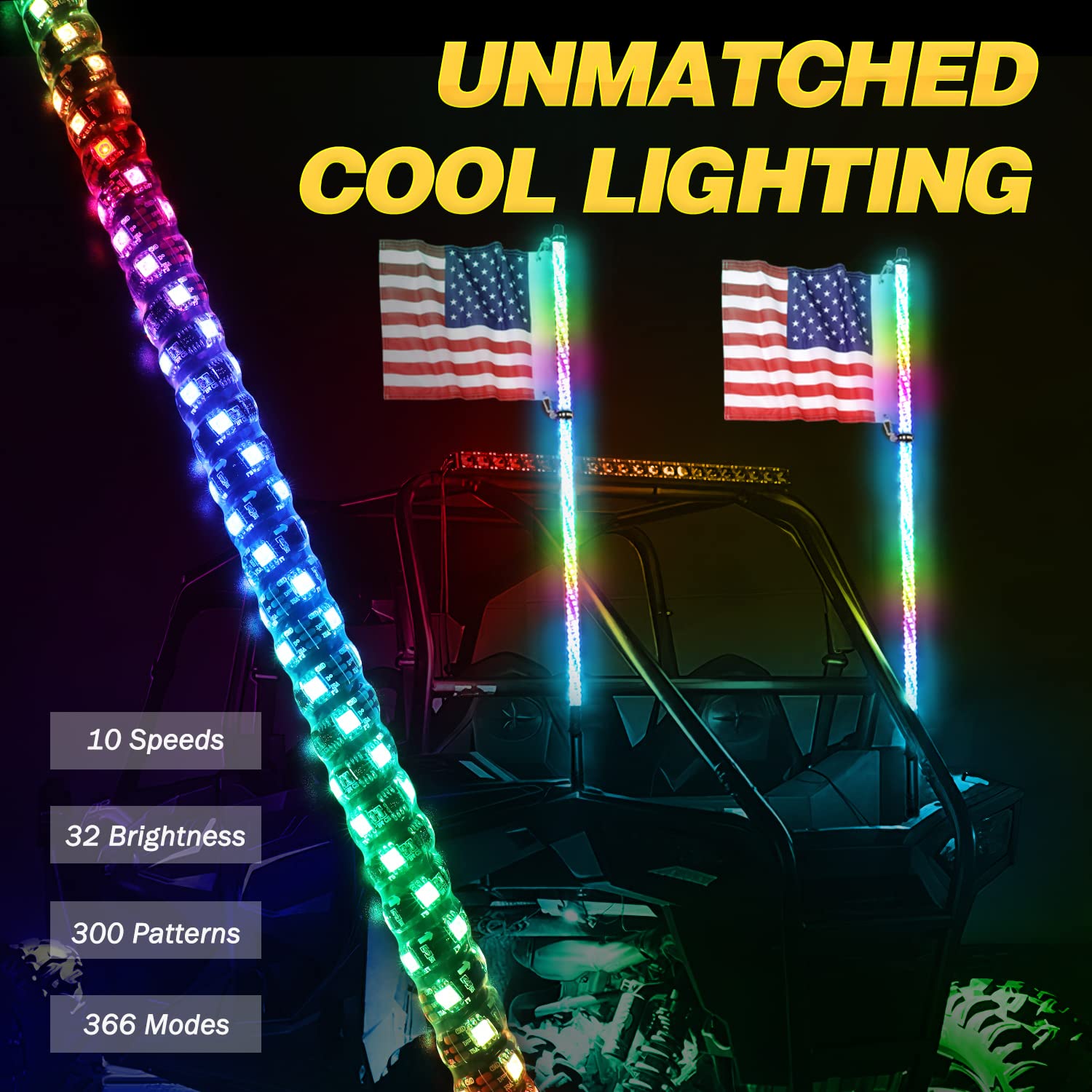RGBW 4FT LED Whip Lights Pair - 2PCS 360° Spiral Lighted Whips with RF Remote Control for UTV, SXS, Polaris RZR, 4X4 Truck & Boat - Dancing/Chasing Light Effects for Off-Road, Night Rides & Outdoor Adventures