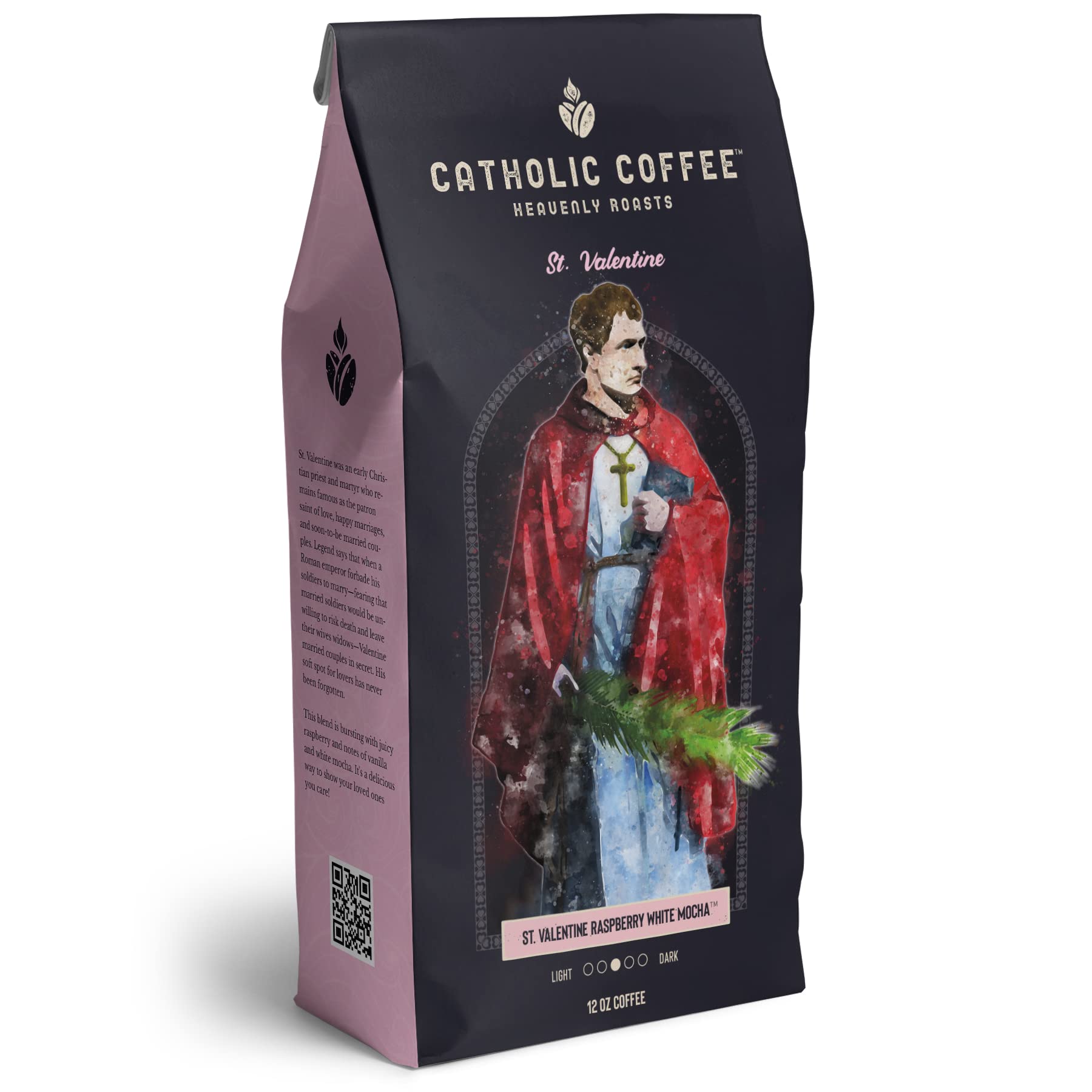 Premium St. Valentine Raspberry White Chocolate 12 oz Whole Bean Catholic Coffee - Small-Batch Artisan Crafted Coffee Gift for Religious Faithful & Gourmet Coffee Enthusiasts - Perfect for Prayer Time, Bible Study & Cozy Morning Brews