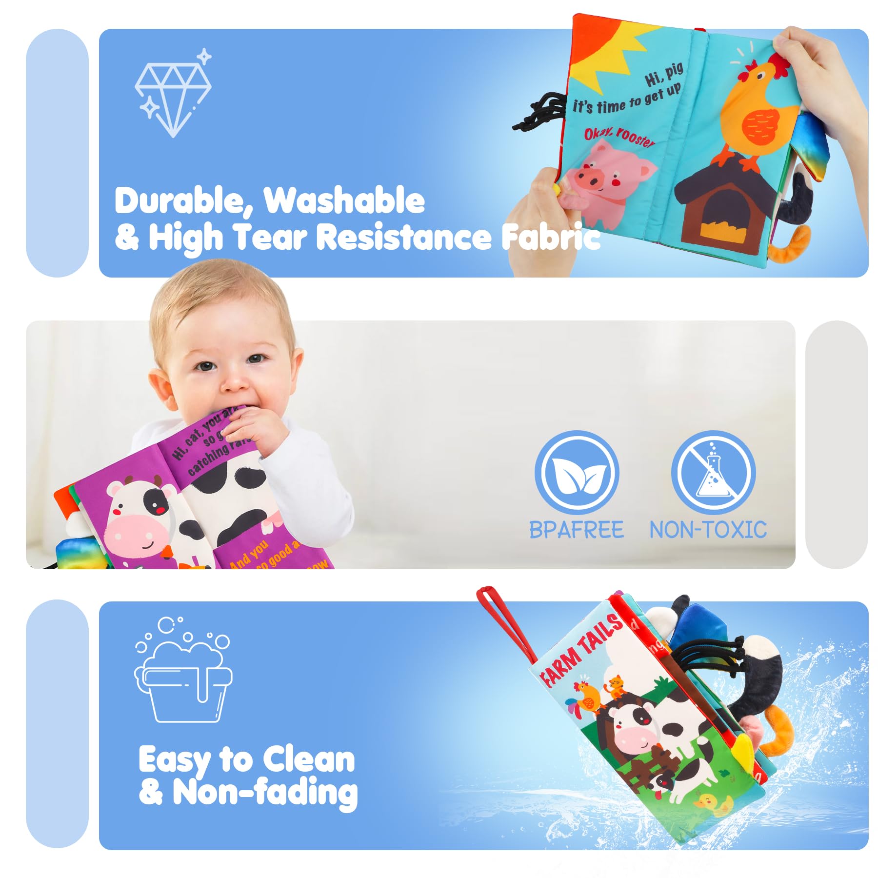 **Beiens Baby Cloth Books - Touch & Feel Crinkle Sensory Toys for Infants & Toddlers | Early Learning Interactive Books for Boys & Girls | Farm Tails Animal Theme | Perfect for Stroller, Car & Playtime**