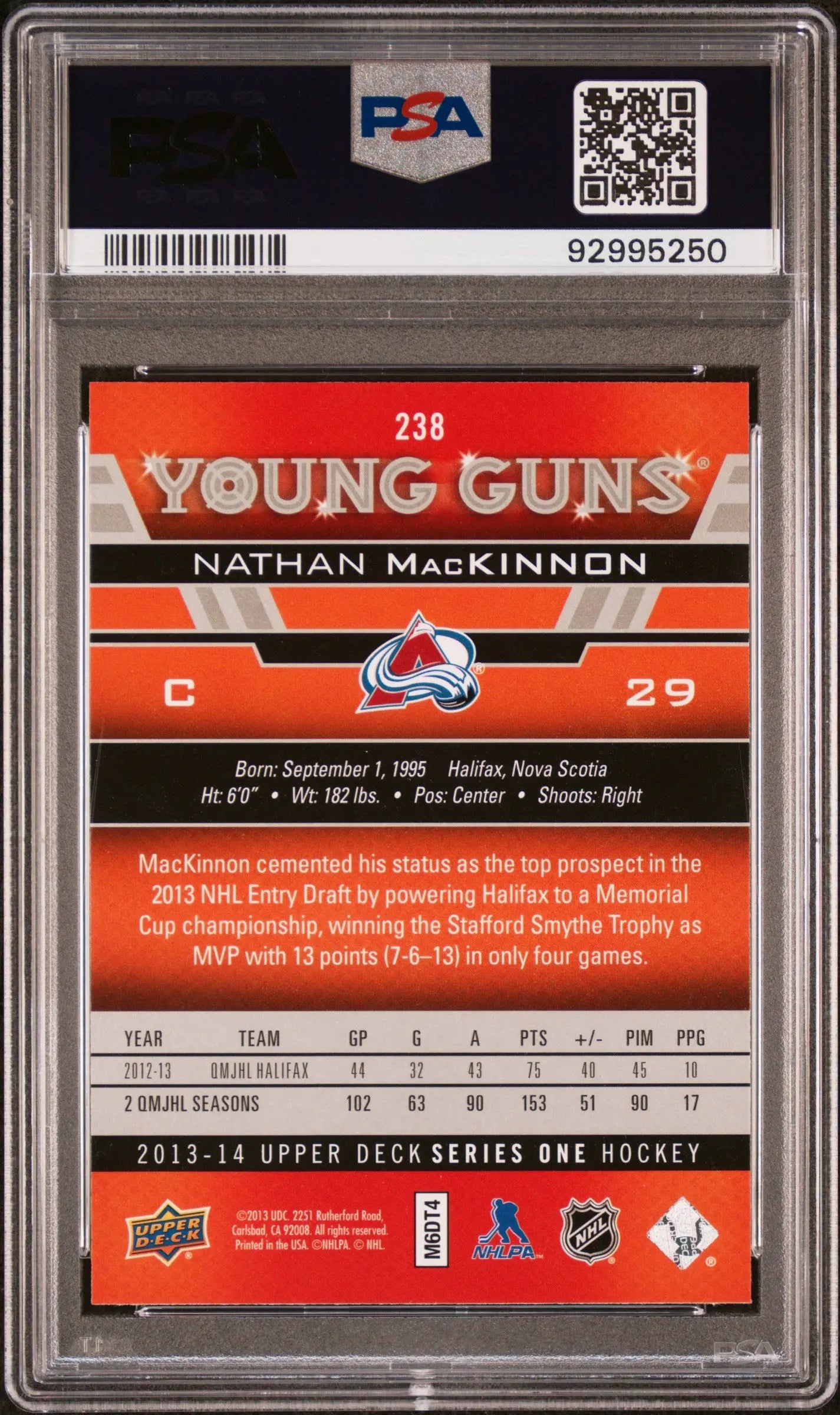 2013-14 Upper Deck Series 1 Hockey Nathan MacKinnon Young Guns Rookie Card PSA 10 Gem Mint - Perfect for Hockey Card Collectors and NHL Memorabilia Enthusiasts